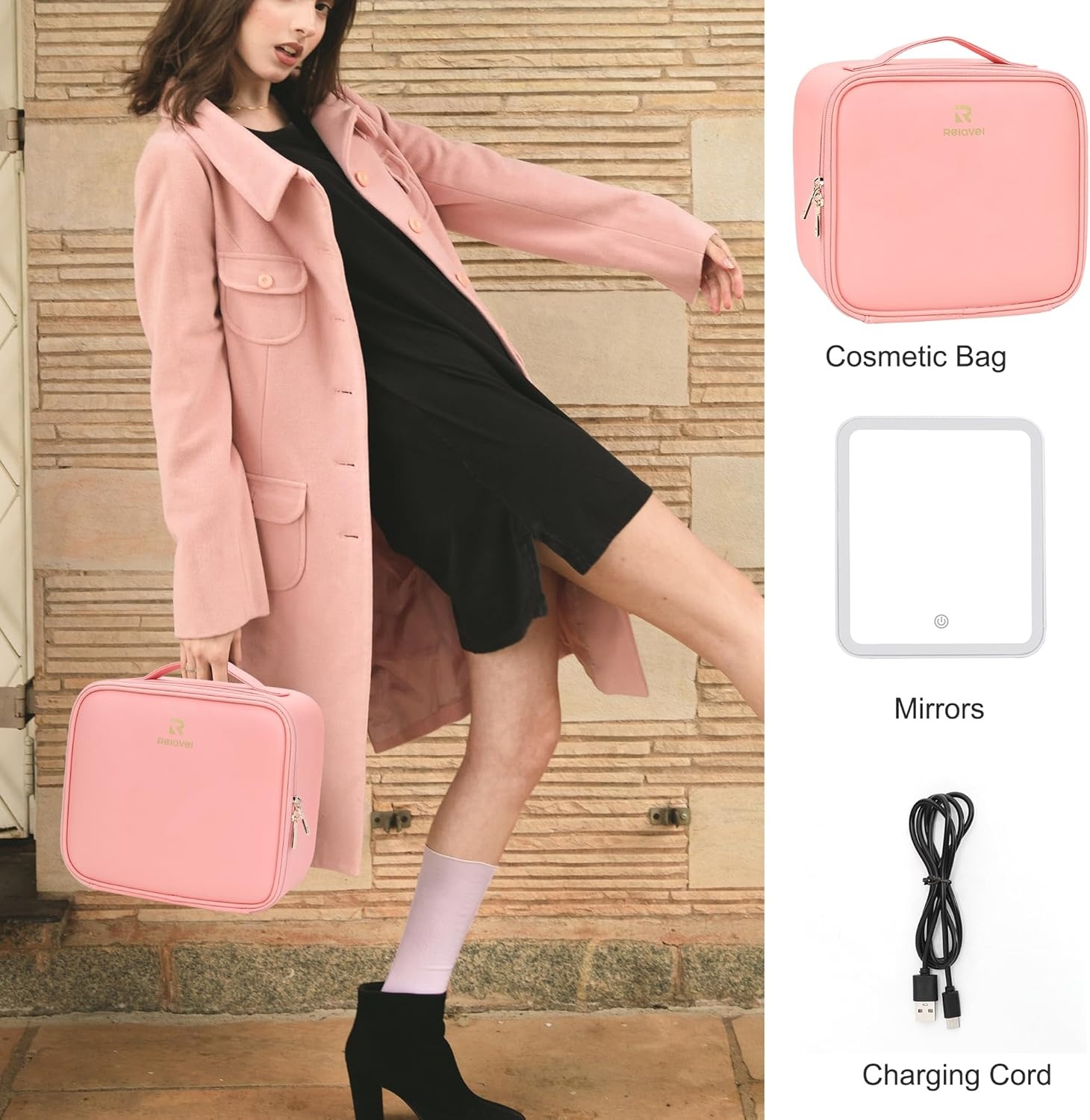 image:imageRelavel Travel Makeup Bag With LED Mirror 162 Large Makeup Train Case 3 Color Scenarios Adjustable Brightness Waterproof Makeup Train Case Organizer with DIY Dividers for Makeup Artist Black01Pink