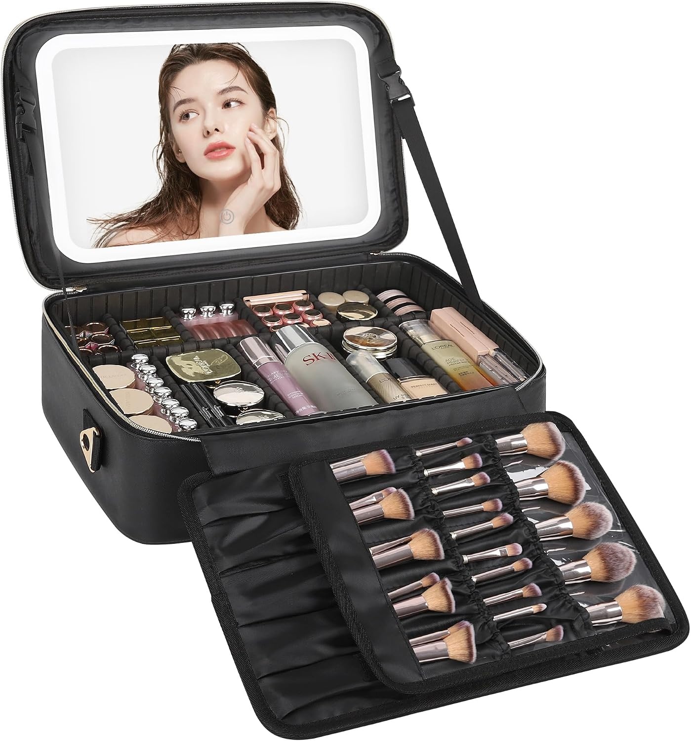 image:imageRelavel Travel Makeup Bag With LED Mirror 162 Large Makeup Train Case 3 Color Scenarios Adjustable Brightness Waterproof Makeup Train Case Organizer with DIY Dividers for Makeup Artist Black01Black