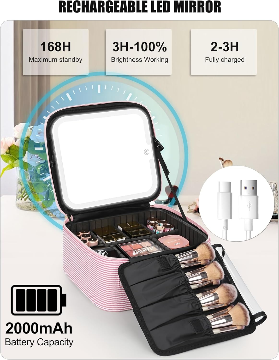 image:imageRelavel Travel Makeup Bag With LED Mirror 162 Large Makeup Train Case 3 Color Scenarios Adjustable Brightness Waterproof Makeup Train Case Organizer with DIY Dividers for Makeup Artist Black02Strip