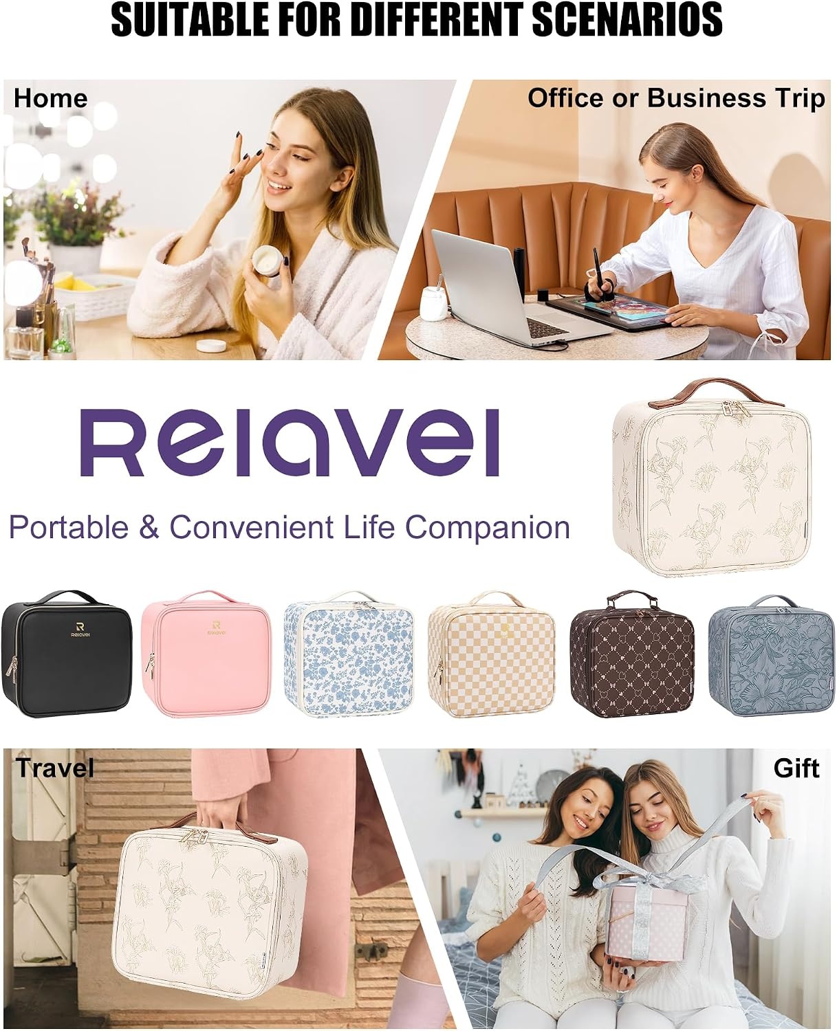 image:imageRelavel Travel Makeup Bag With LED Mirror 162 Large Makeup Train Case 3 Color Scenarios Adjustable Brightness Waterproof Makeup Train Case Organizer with DIY Dividers for Makeup Artist Black03Lily Flower