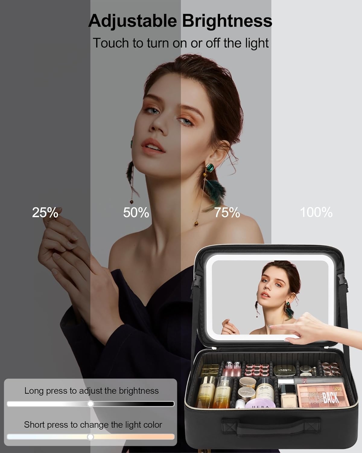 image:imageRelavel Travel Makeup Bag With LED Mirror 162 Large Makeup Train Case 3 Color Scenarios Adjustable Brightness Waterproof Makeup Train Case Organizer with DIY Dividers for Makeup Artist BlackBlack
