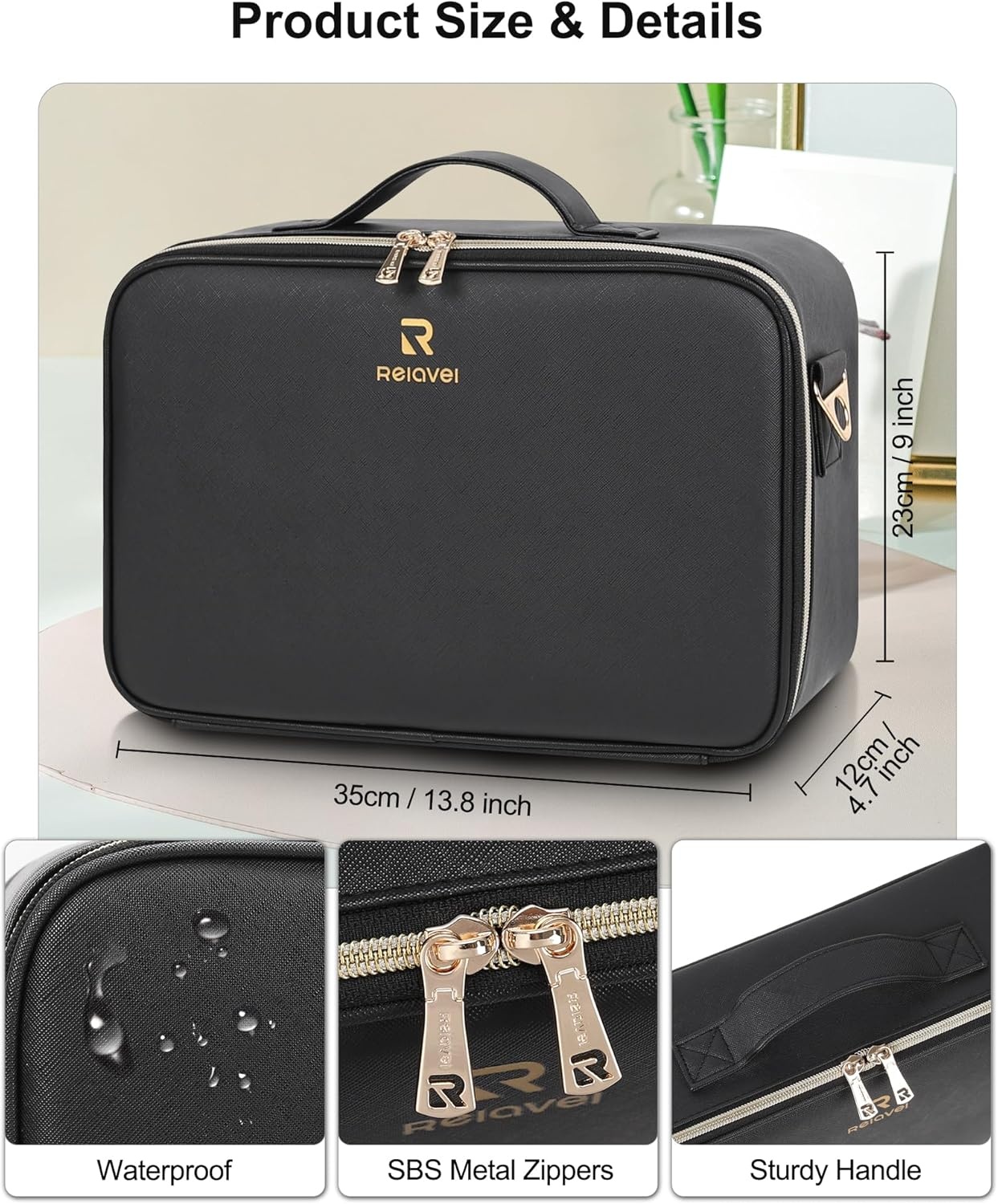 image:imageRelavel Travel Makeup Bag With LED Mirror 162 Large Makeup Train Case 3 Color Scenarios Adjustable Brightness Waterproof Makeup Train Case Organizer with DIY Dividers for Makeup Artist Black01Black