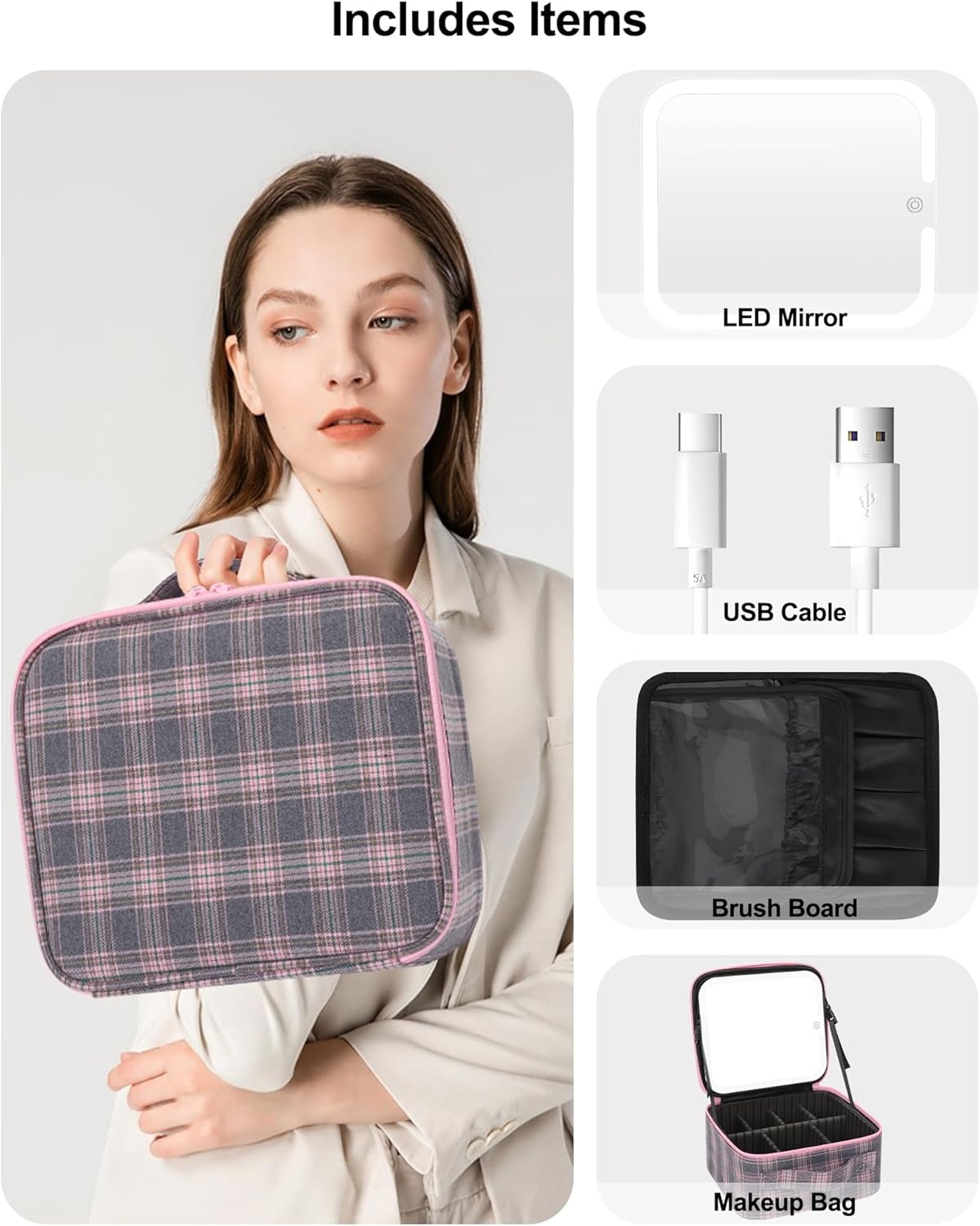 image:imageRelavel Travel Makeup Bag With LED Mirror 162 Large Makeup Train Case 3 Color Scenarios Adjustable Brightness Waterproof Makeup Train Case Organizer with DIY Dividers for Makeup Artist Black03Grey Strip