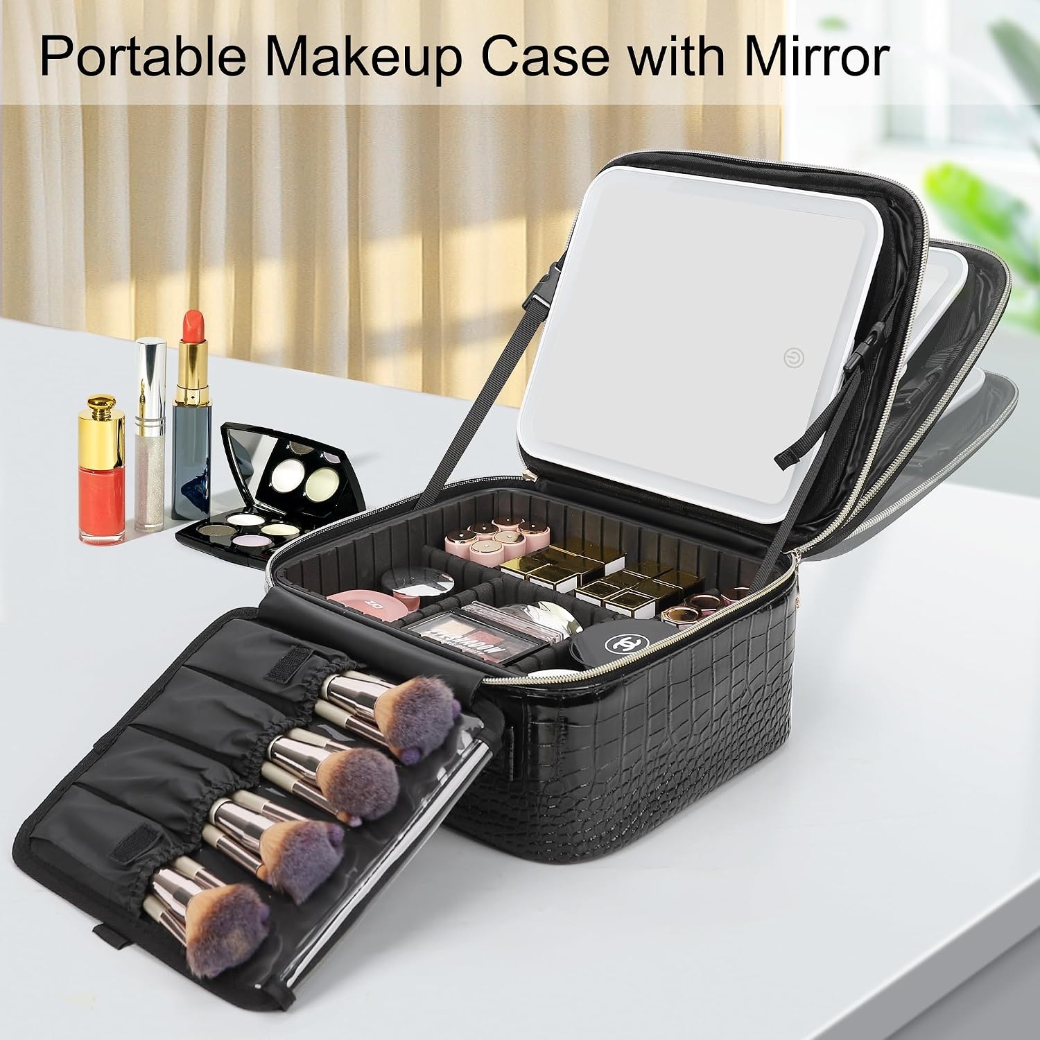 image:imageRelavel Travel Makeup Bag With LED Mirror 162 Large Makeup Train Case 3 Color Scenarios Adjustable Brightness Waterproof Makeup Train Case Organizer with DIY Dividers for Makeup Artist Black02Glossy Black