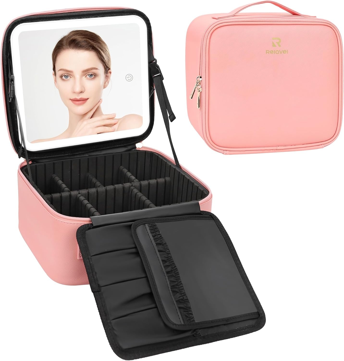 image:imageRelavel Travel Makeup Bag With LED Mirror 162 Large Makeup Train Case 3 Color Scenarios Adjustable Brightness Waterproof Makeup Train Case Organizer with DIY Dividers for Makeup Artist Black01Pink