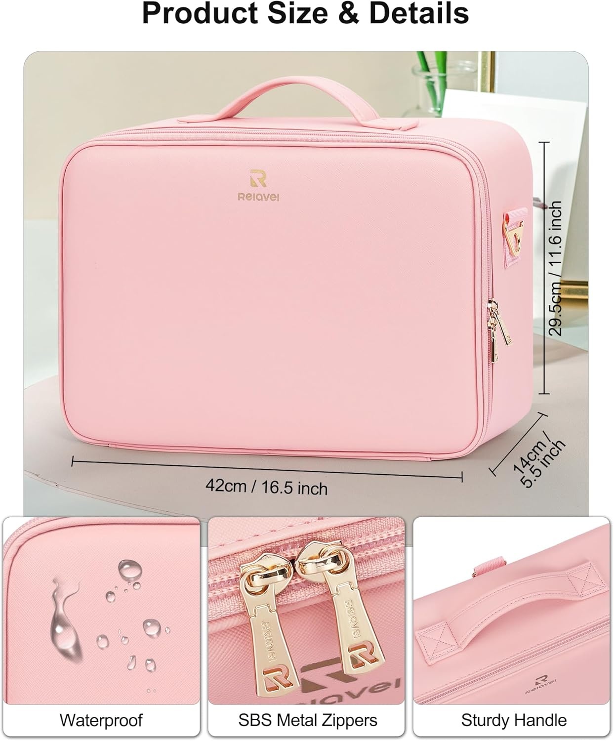 image:imageRelavel Travel Makeup Bag With LED Mirror 162 Large Makeup Train Case 3 Color Scenarios Adjustable Brightness Waterproof Makeup Train Case Organizer with DIY Dividers for Makeup Artist Black01Pink