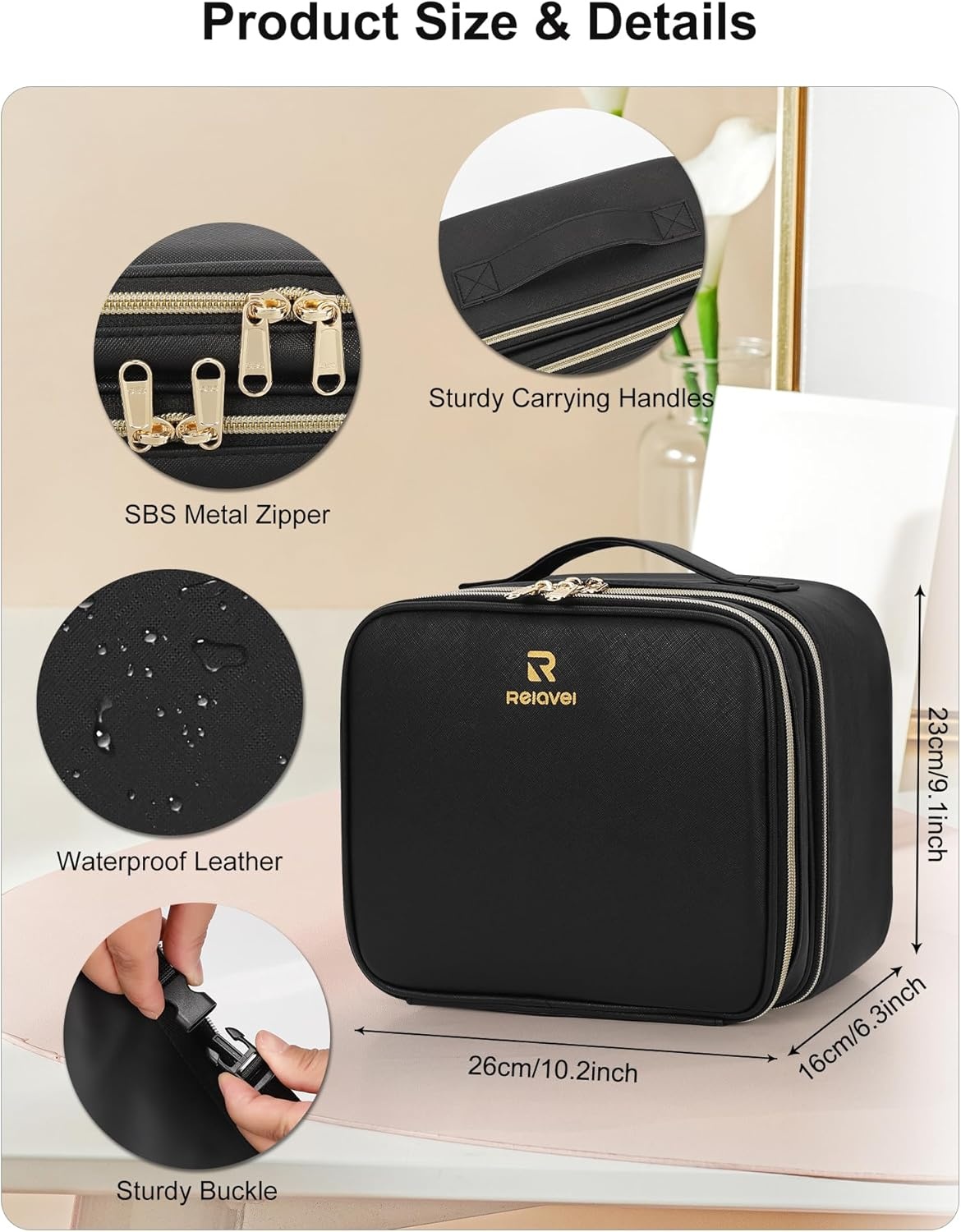 image:imageRelavel Travel Makeup Bag With LED Mirror 162 Large Makeup Train Case 3 Color Scenarios Adjustable Brightness Waterproof Makeup Train Case Organizer with DIY Dividers for Makeup Artist Black01Black