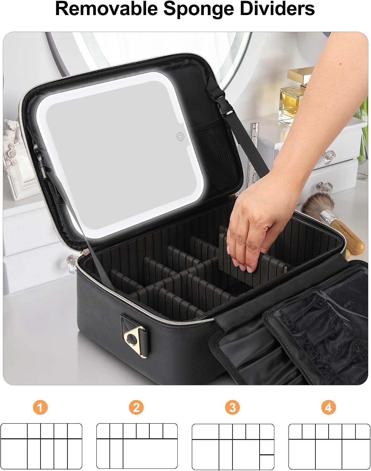 image:imageRelavel Travel Makeup Bag With LED Mirror 162 Large Makeup Train Case 3 Color Scenarios Adjustable Brightness Waterproof Makeup Train Case Organizer with DIY Dividers for Makeup Artist Black01Black