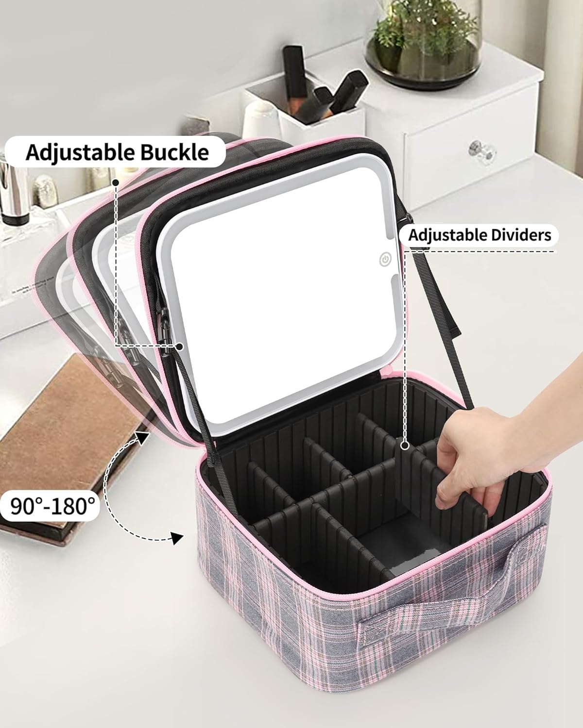 image:imageRelavel Travel Makeup Bag With LED Mirror 162 Large Makeup Train Case 3 Color Scenarios Adjustable Brightness Waterproof Makeup Train Case Organizer with DIY Dividers for Makeup Artist Black03Grey Strip