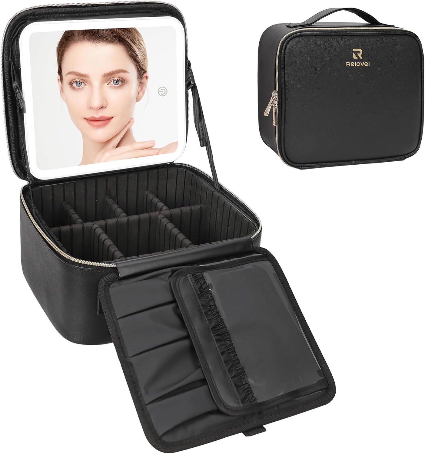 image:imageRelavel Travel Makeup Bag With LED Mirror 162 Large Makeup Train Case 3 Color Scenarios Adjustable Brightness Waterproof Makeup Train Case Organizer with DIY Dividers for Makeup Artist Black01Black