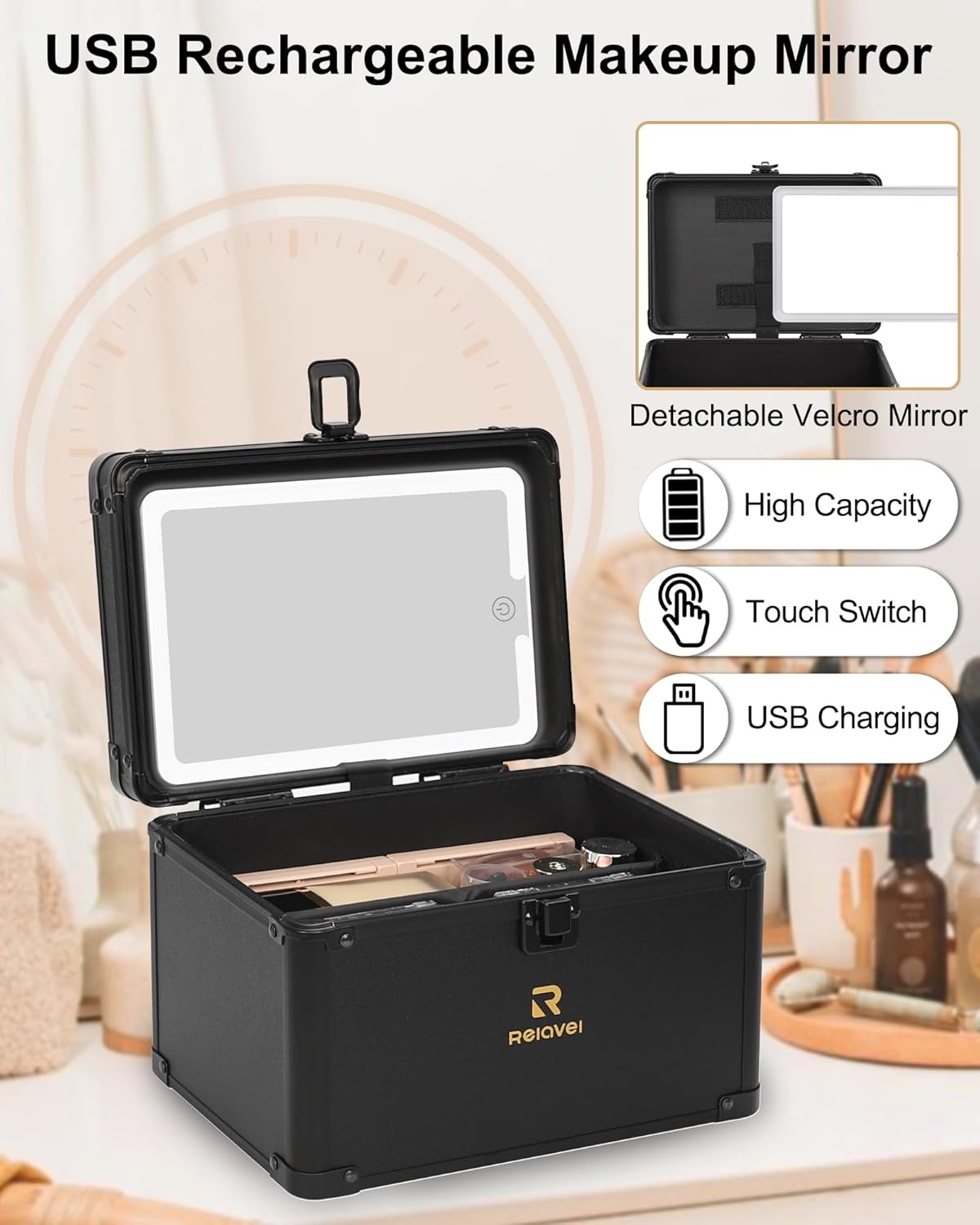 image:imageRelavel Travel Makeup Bag With LED Mirror 162 Large Makeup Train Case 3 Color Scenarios Adjustable Brightness Waterproof Makeup Train Case Organizer with DIY Dividers for Makeup Artist Black01Black