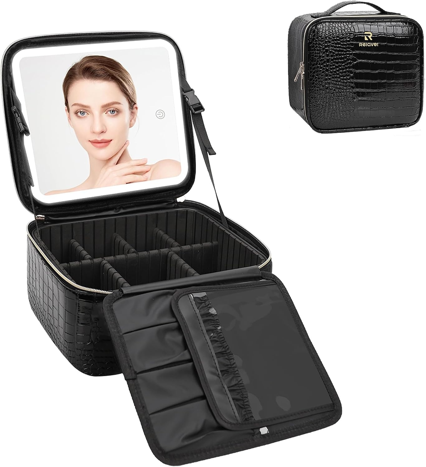 image:imageRelavel Travel Makeup Bag With LED Mirror 162 Large Makeup Train Case 3 Color Scenarios Adjustable Brightness Waterproof Makeup Train Case Organizer with DIY Dividers for Makeup Artist Black02Glossy Black