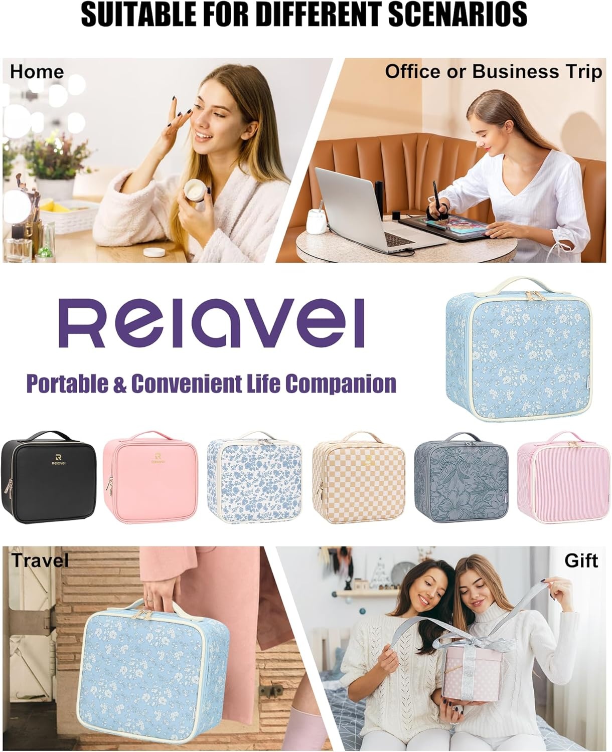 image:imageRelavel Travel Makeup Bag With LED Mirror 162 Large Makeup Train Case 3 Color Scenarios Adjustable Brightness Waterproof Makeup Train Case Organizer with DIY Dividers for Makeup Artist Black01White Flower