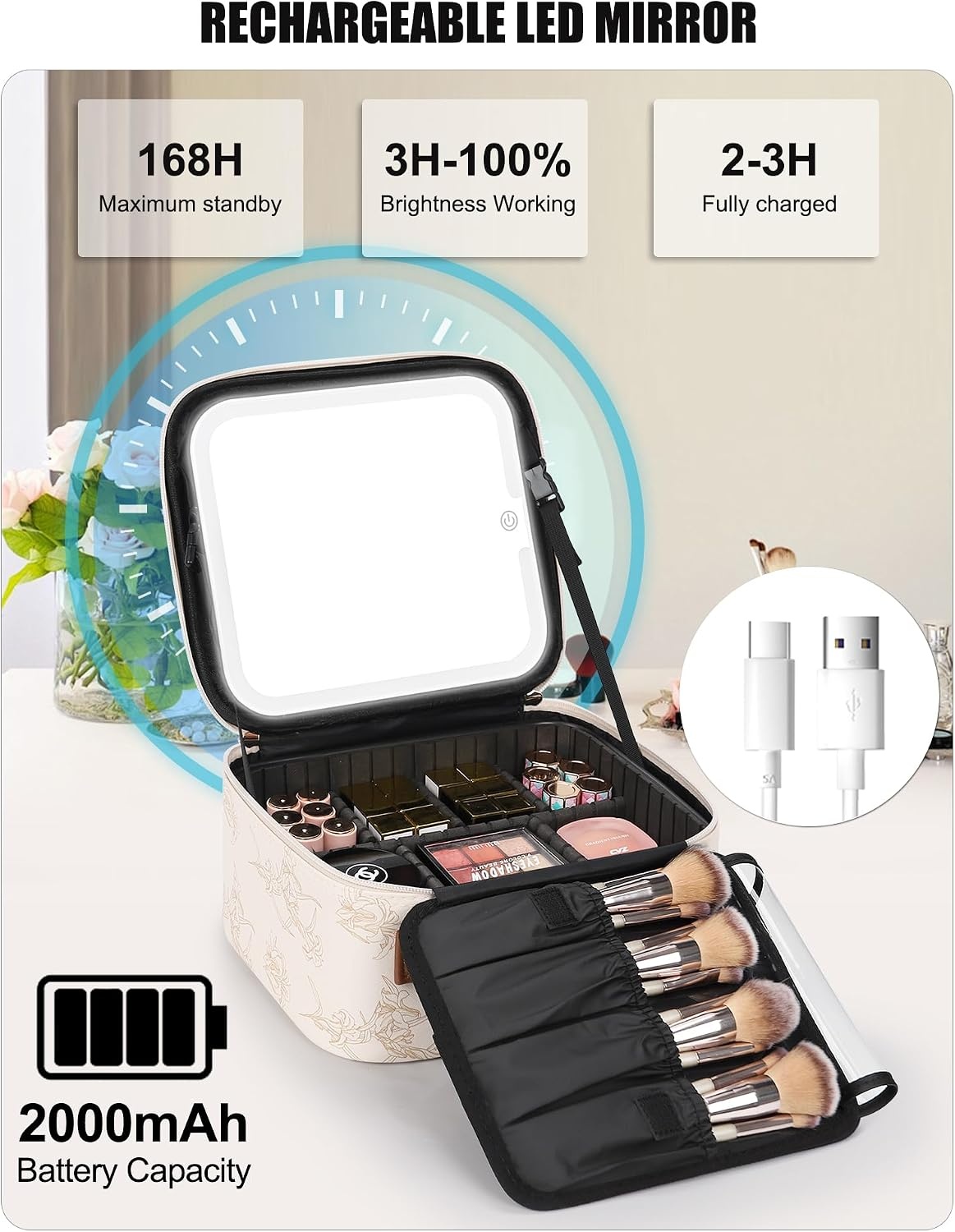 image:imageRelavel Travel Makeup Bag With LED Mirror 162 Large Makeup Train Case 3 Color Scenarios Adjustable Brightness Waterproof Makeup Train Case Organizer with DIY Dividers for Makeup Artist Black03Lily Flower