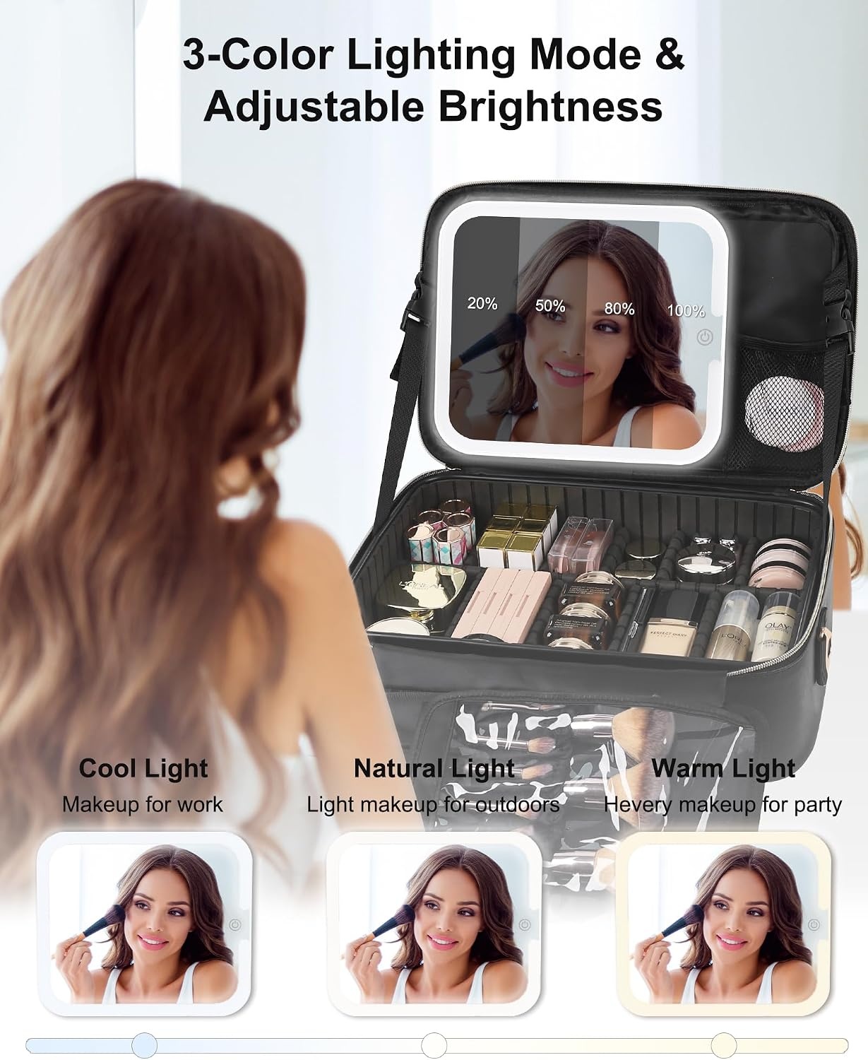 image:imageRelavel Travel Makeup Bag With LED Mirror 162 Large Makeup Train Case 3 Color Scenarios Adjustable Brightness Waterproof Makeup Train Case Organizer with DIY Dividers for Makeup Artist Black01Black