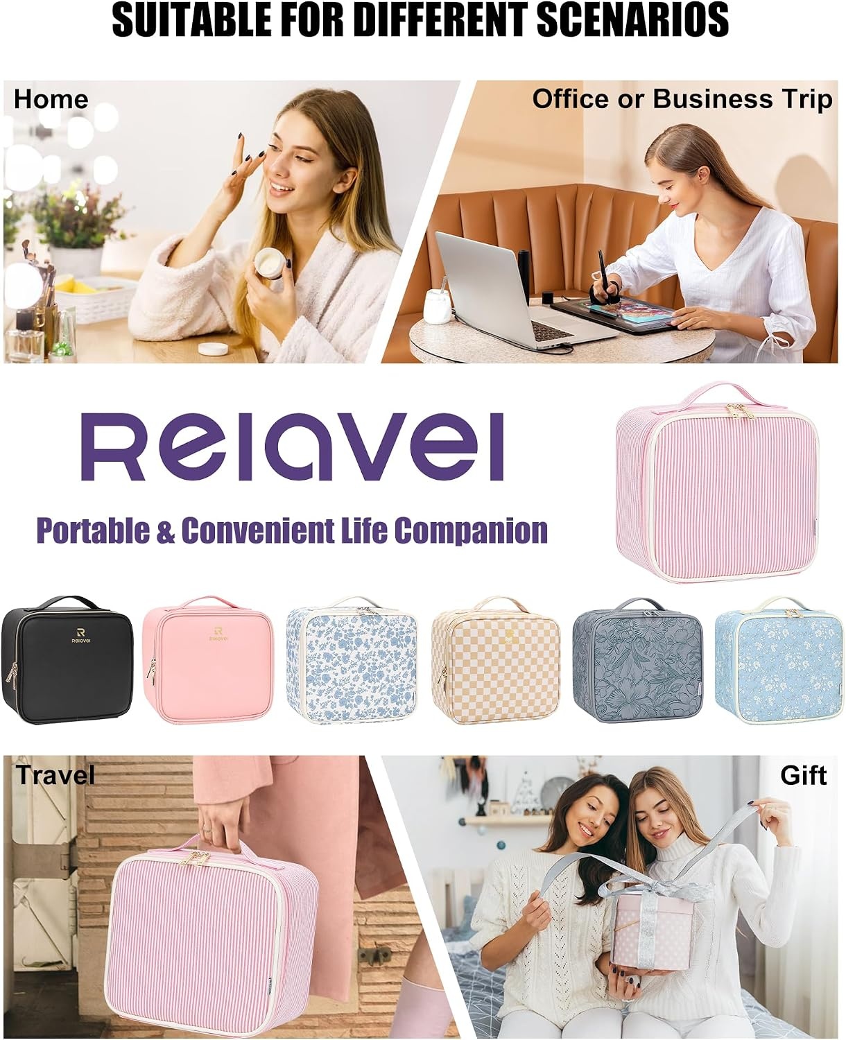 image:imageRelavel Travel Makeup Bag With LED Mirror 162 Large Makeup Train Case 3 Color Scenarios Adjustable Brightness Waterproof Makeup Train Case Organizer with DIY Dividers for Makeup Artist Black02Strip