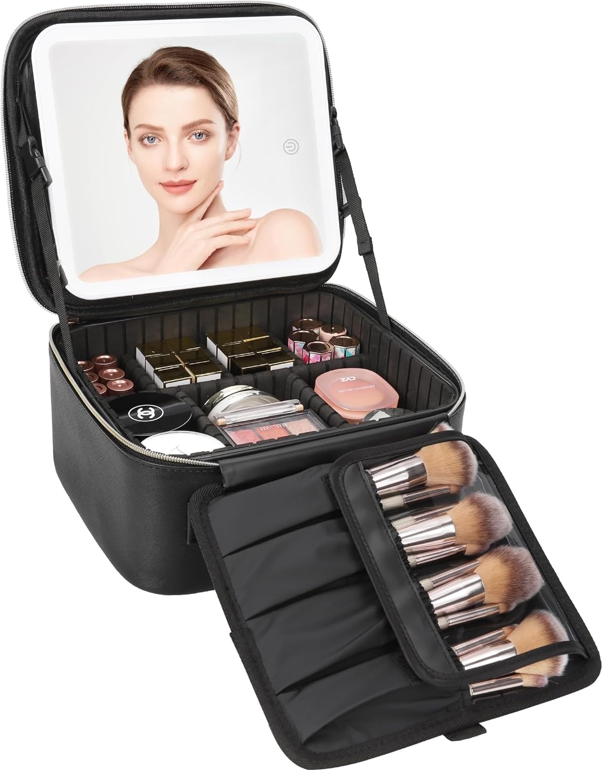 image:imageRelavel Travel Makeup Bag With LED Mirror 162 Large Makeup Train Case 3 Color Scenarios Adjustable Brightness Waterproof Makeup Train Case Organizer with DIY Dividers for Makeup Artist Black01Black