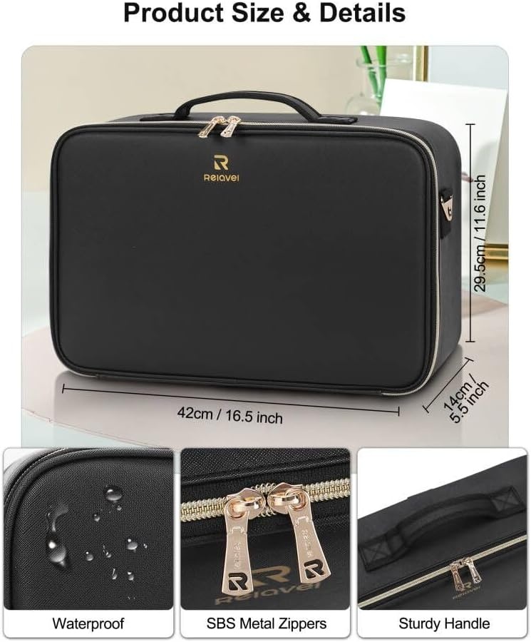 image:imageRelavel Travel Makeup Bag With LED Mirror 162 Large Makeup Train Case 3 Color Scenarios Adjustable Brightness Waterproof Makeup Train Case Organizer with DIY Dividers for Makeup Artist Black01Black