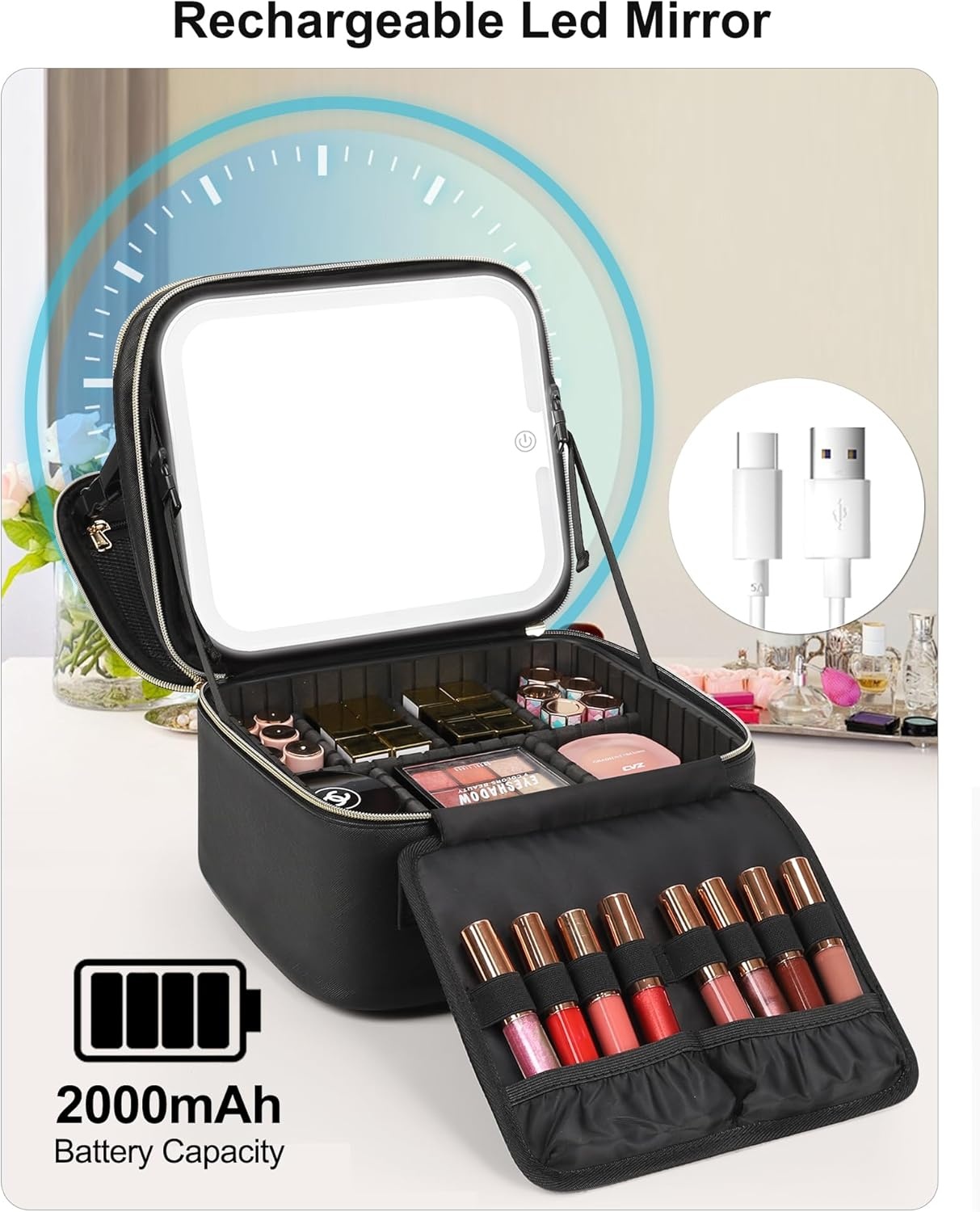 image:imageRelavel Travel Makeup Bag With LED Mirror 162 Large Makeup Train Case 3 Color Scenarios Adjustable Brightness Waterproof Makeup Train Case Organizer with DIY Dividers for Makeup Artist Black01Black