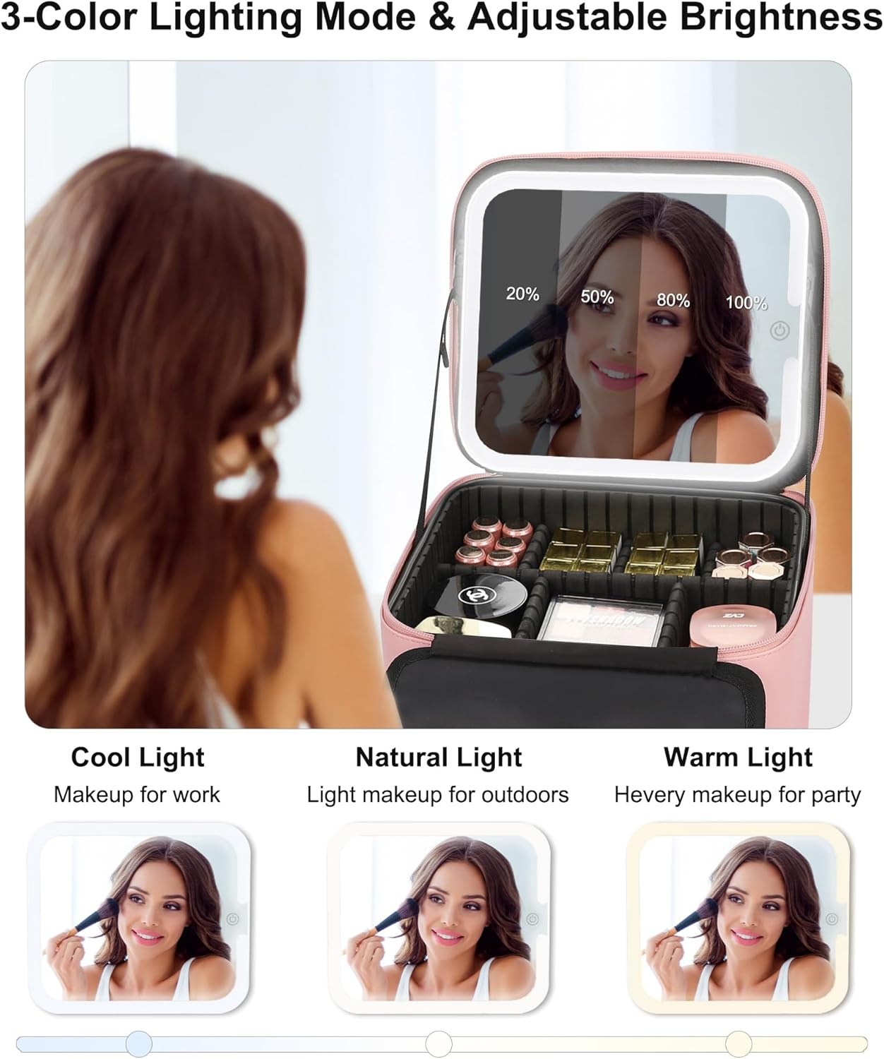 image:imageRelavel Travel Makeup Bag With LED Mirror 162 Large Makeup Train Case 3 Color Scenarios Adjustable Brightness Waterproof Makeup Train Case Organizer with DIY Dividers for Makeup Artist Black01Pink