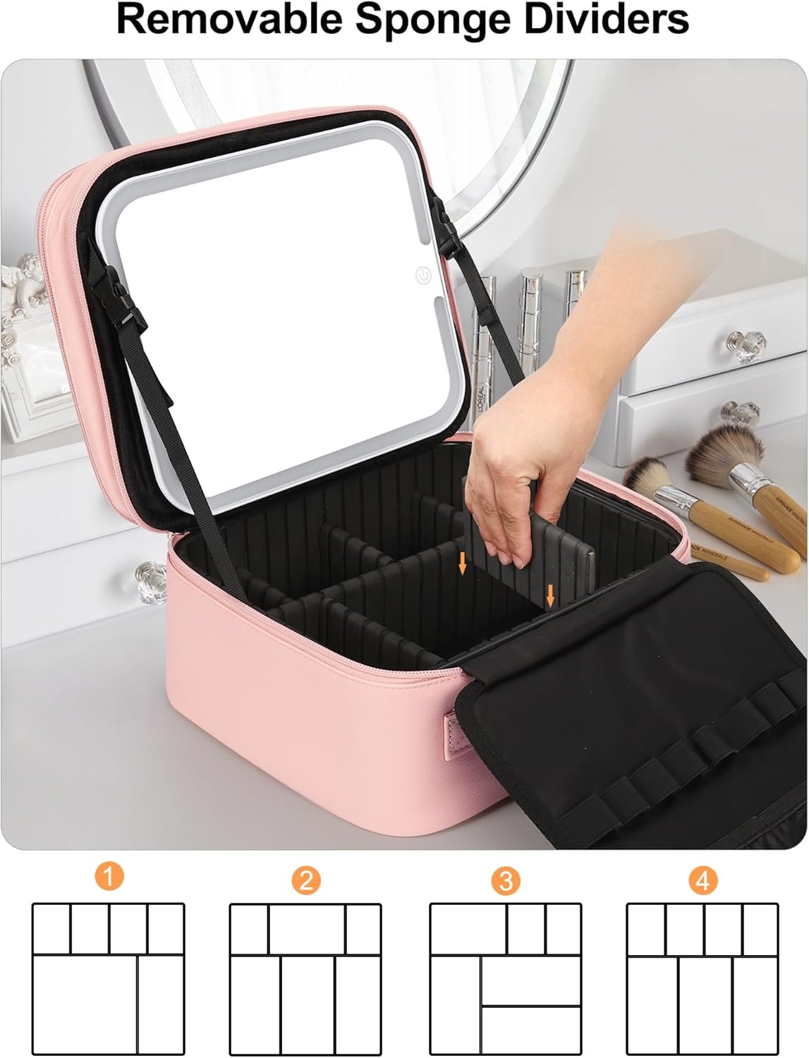 image:imageRelavel Travel Makeup Bag With LED Mirror 162 Large Makeup Train Case 3 Color Scenarios Adjustable Brightness Waterproof Makeup Train Case Organizer with DIY Dividers for Makeup Artist Black01Pink