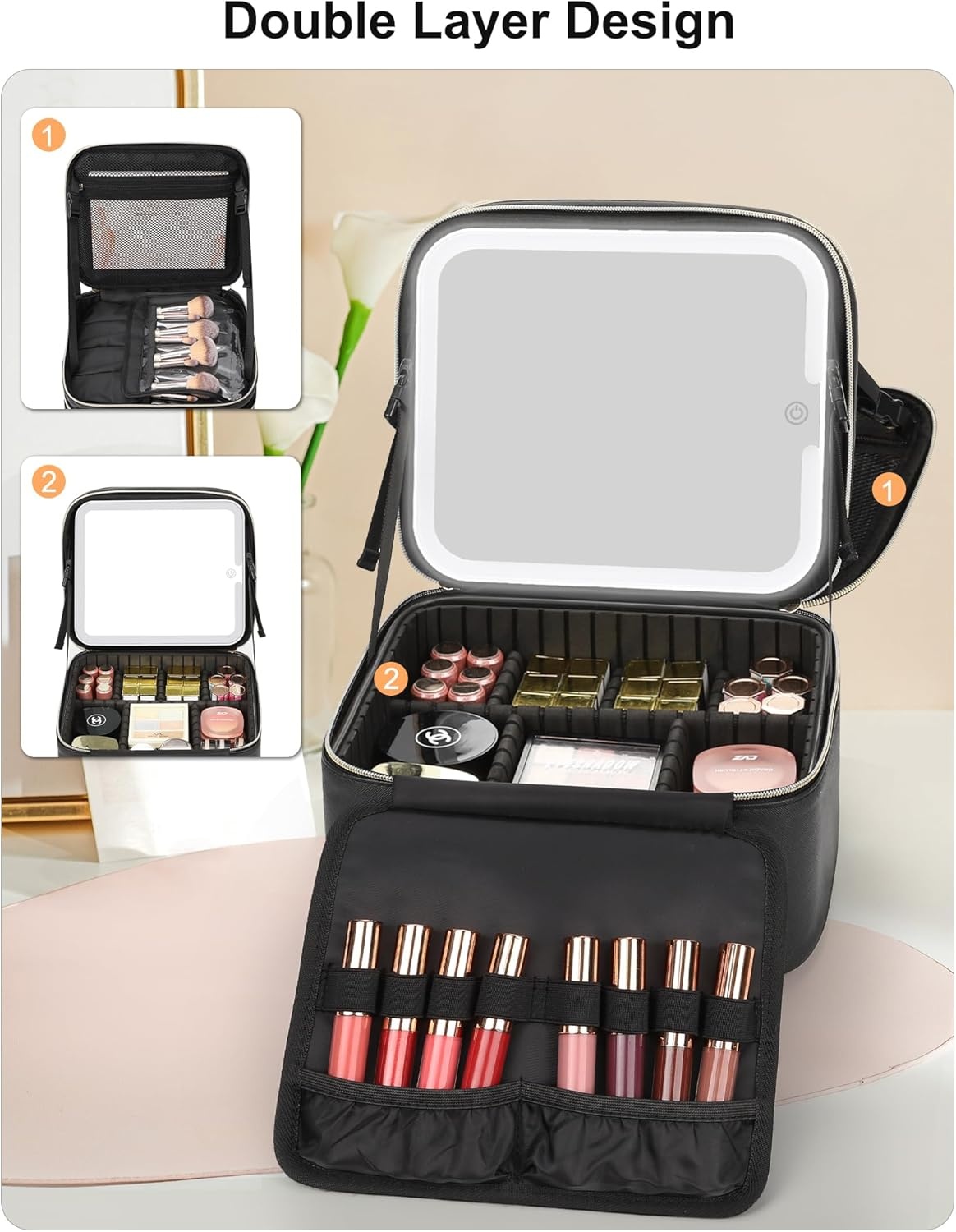 image:imageRelavel Travel Makeup Bag With LED Mirror 162 Large Makeup Train Case 3 Color Scenarios Adjustable Brightness Waterproof Makeup Train Case Organizer with DIY Dividers for Makeup Artist Black01Black