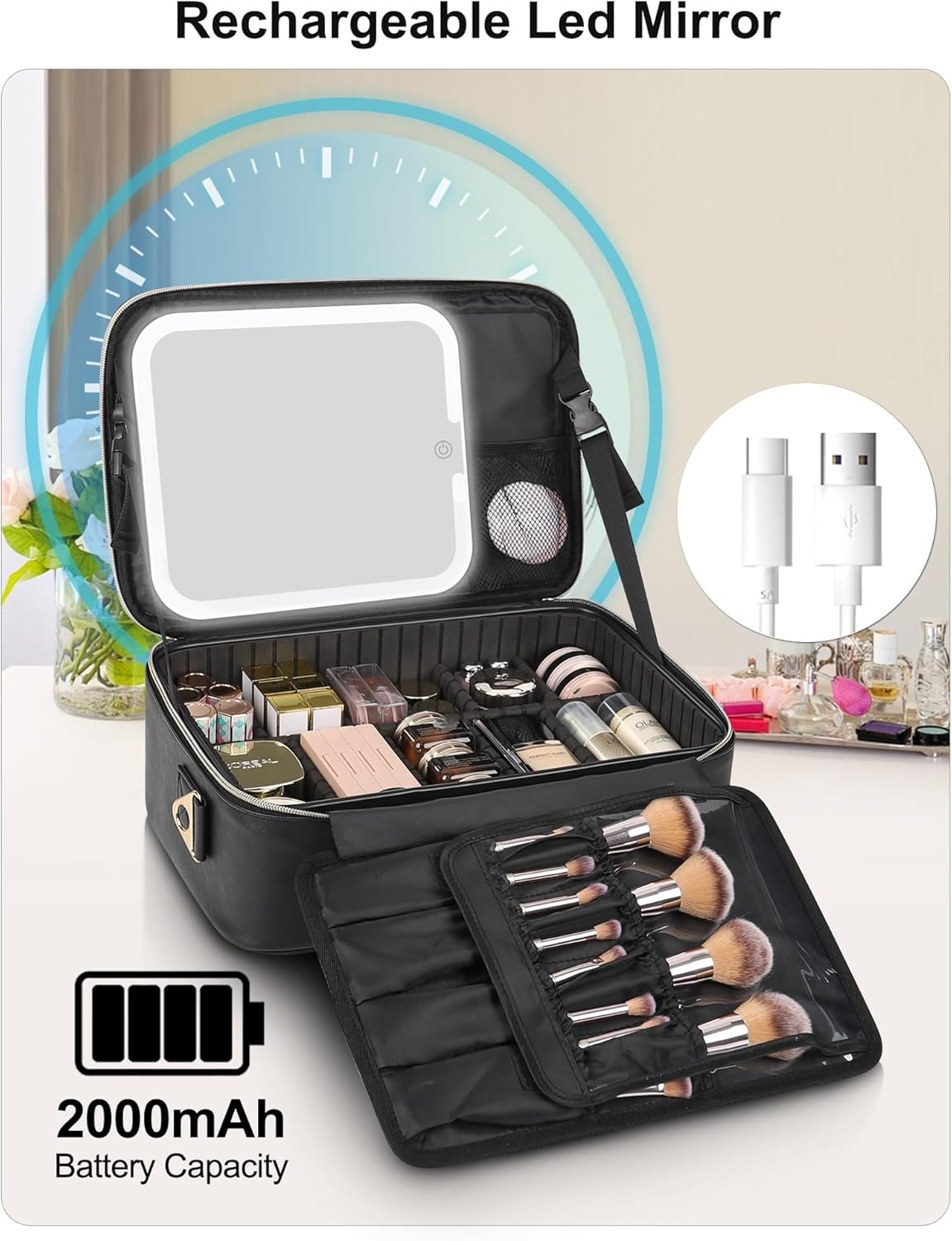 image:imageRelavel Travel Makeup Bag With LED Mirror 162 Large Makeup Train Case 3 Color Scenarios Adjustable Brightness Waterproof Makeup Train Case Organizer with DIY Dividers for Makeup Artist Black01Black