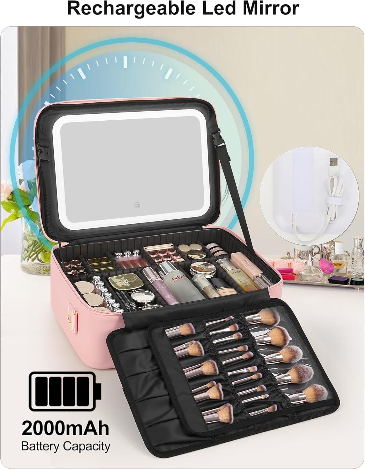 image:imageRelavel Travel Makeup Bag With LED Mirror 162 Large Makeup Train Case 3 Color Scenarios Adjustable Brightness Waterproof Makeup Train Case Organizer with DIY Dividers for Makeup Artist Black01Pink