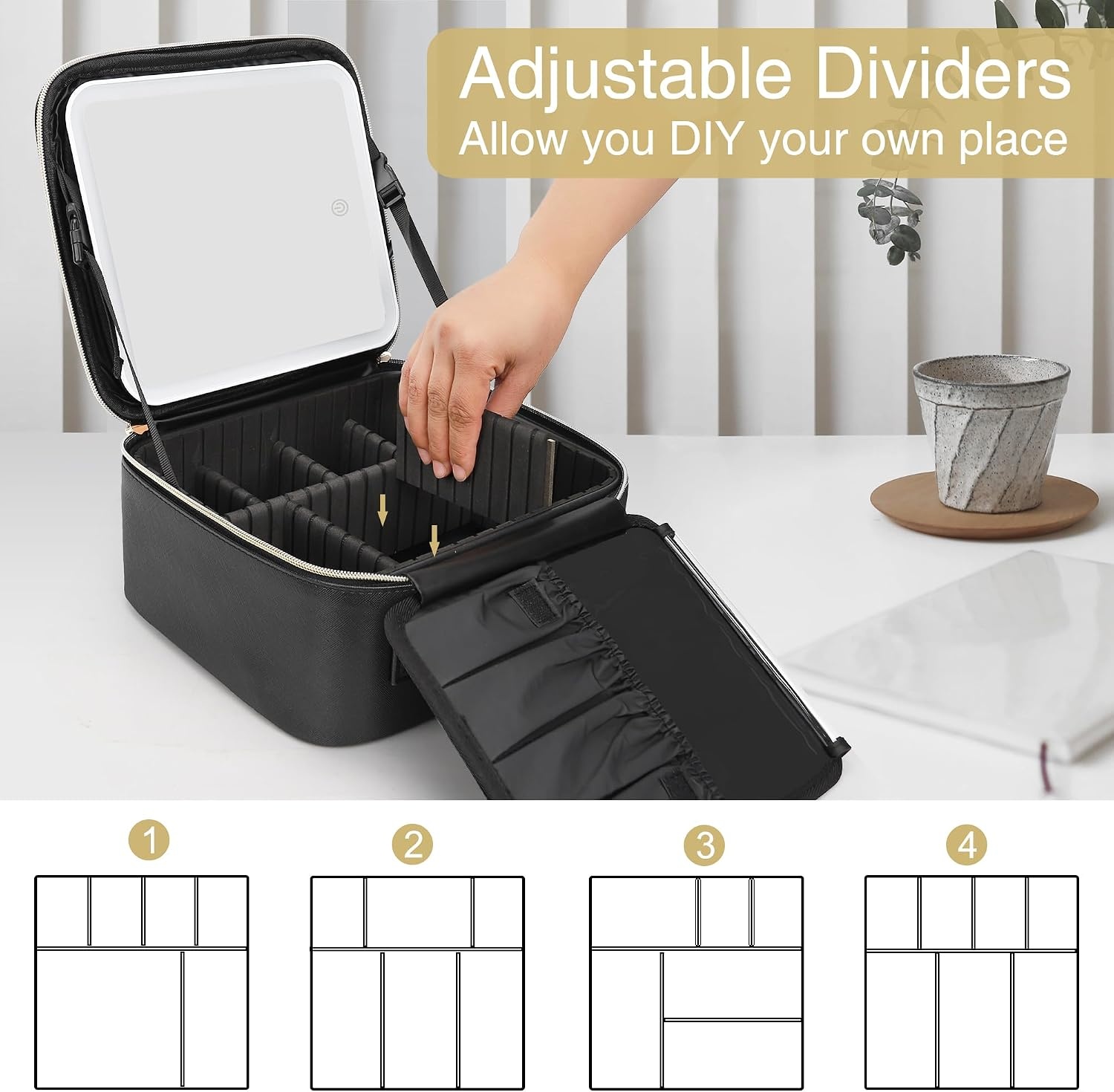 image:imageRelavel Travel Makeup Bag With LED Mirror 162 Large Makeup Train Case 3 Color Scenarios Adjustable Brightness Waterproof Makeup Train Case Organizer with DIY Dividers for Makeup Artist Black01Black
