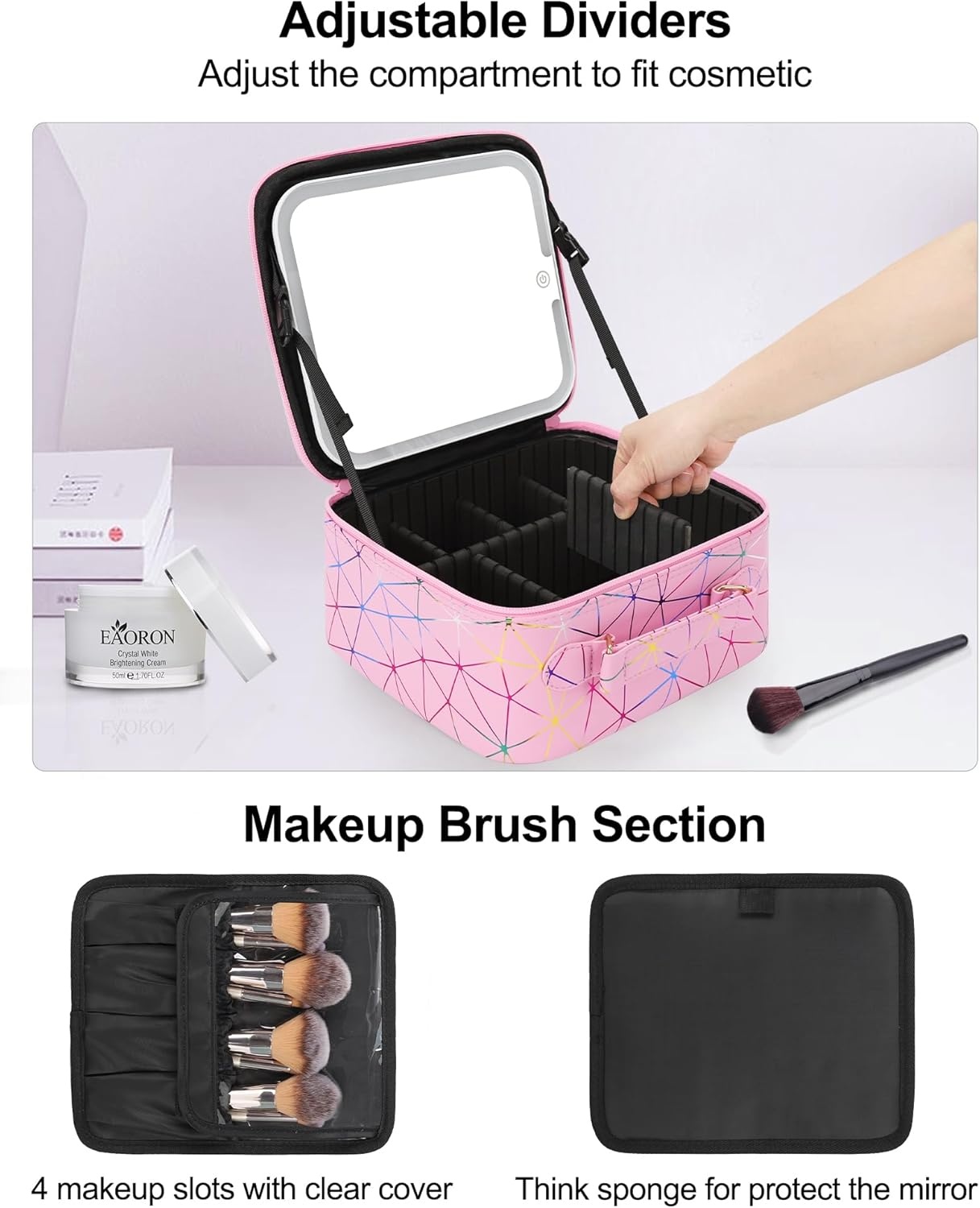 image:imageRelavel Travel Makeup Bag With LED Mirror 162 Large Makeup Train Case 3 Color Scenarios Adjustable Brightness Waterproof Makeup Train Case Organizer with DIY Dividers for Makeup Artist Black03PU Pink