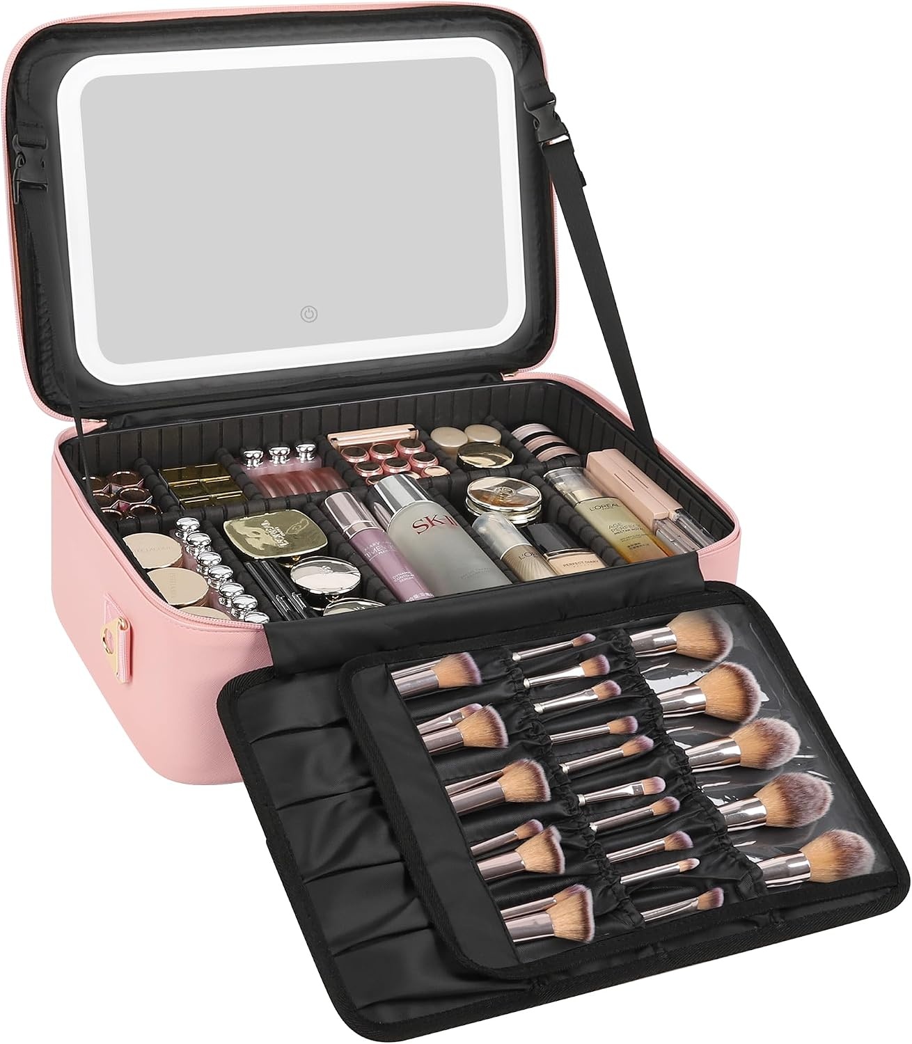 image:imageRelavel Travel Makeup Bag With LED Mirror 162 Large Makeup Train Case 3 Color Scenarios Adjustable Brightness Waterproof Makeup Train Case Organizer with DIY Dividers for Makeup Artist Black01Pink