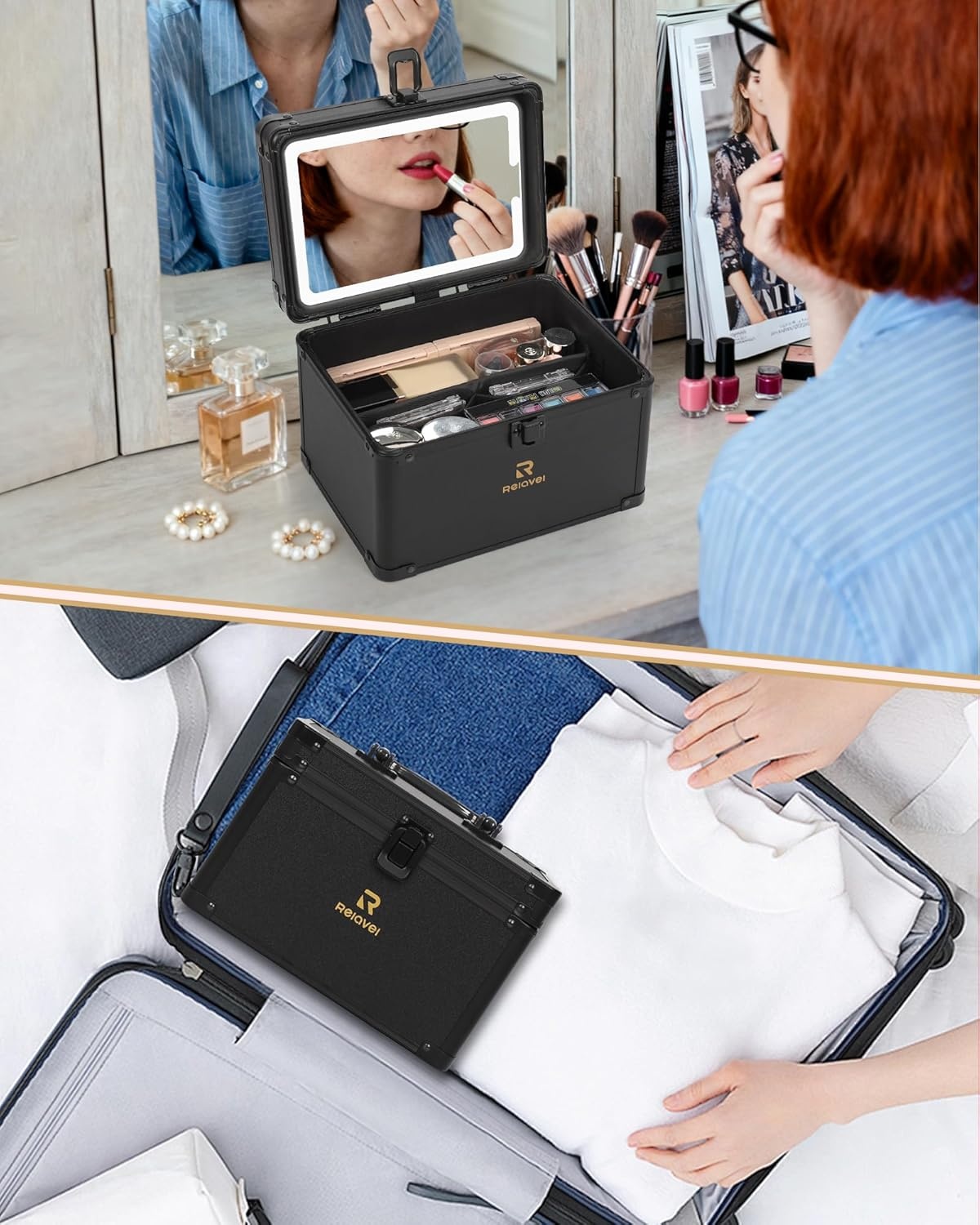 image:imageRelavel Travel Makeup Bag With LED Mirror 162 Large Makeup Train Case 3 Color Scenarios Adjustable Brightness Waterproof Makeup Train Case Organizer with DIY Dividers for Makeup Artist Black01Black