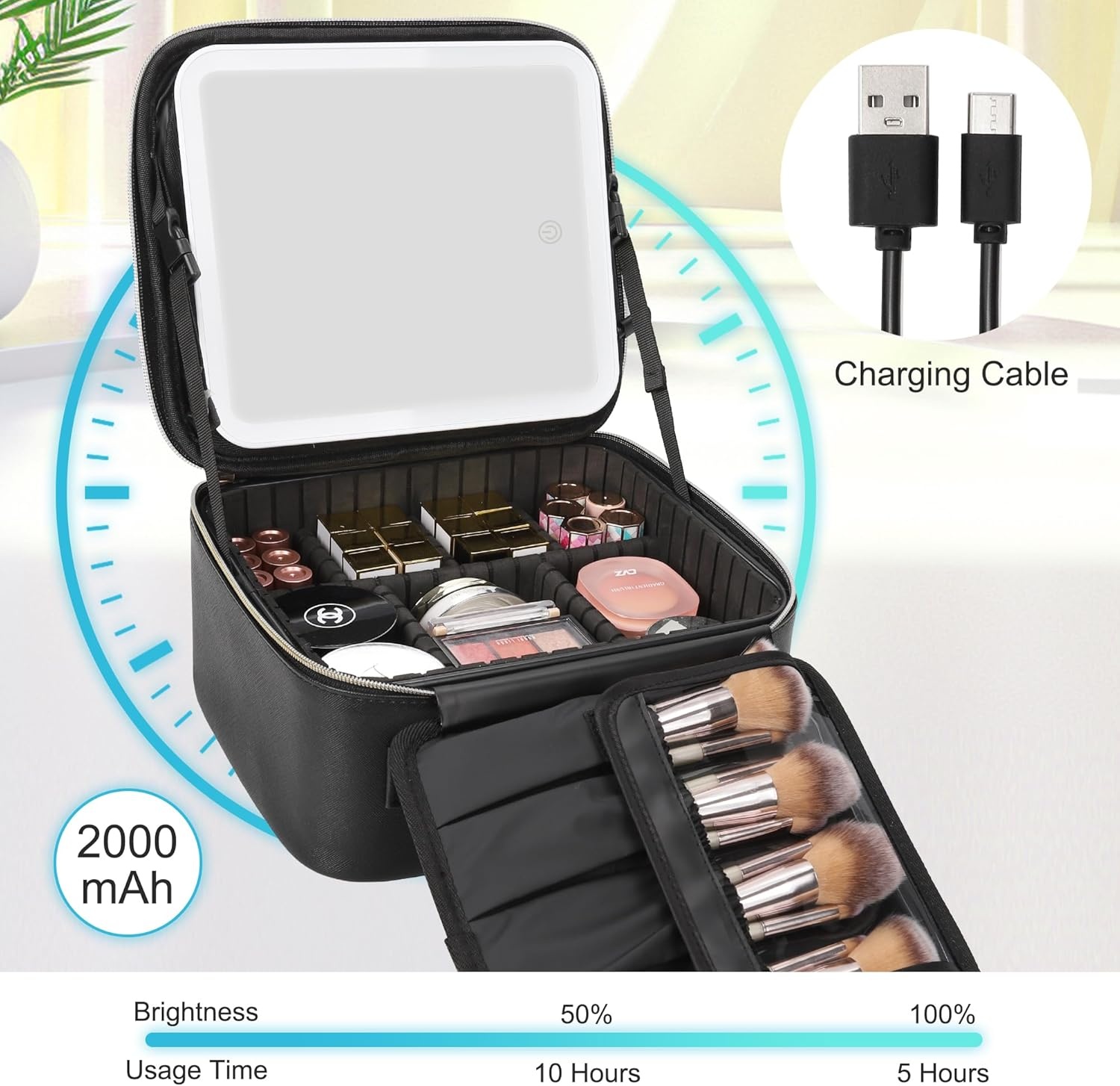image:imageRelavel Travel Makeup Bag With LED Mirror 162 Large Makeup Train Case 3 Color Scenarios Adjustable Brightness Waterproof Makeup Train Case Organizer with DIY Dividers for Makeup Artist Black01Black