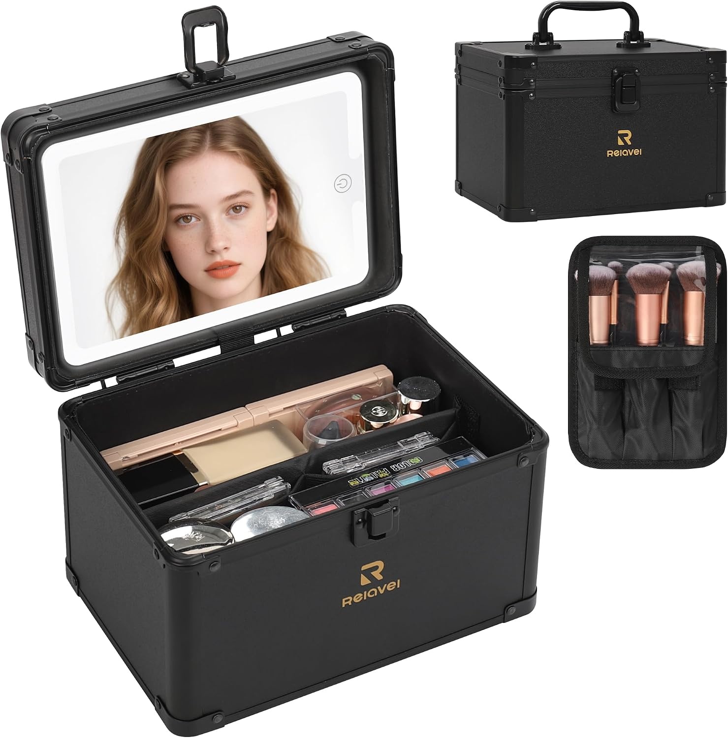 image:imageRelavel Travel Makeup Bag With LED Mirror 162 Large Makeup Train Case 3 Color Scenarios Adjustable Brightness Waterproof Makeup Train Case Organizer with DIY Dividers for Makeup Artist Black01Black