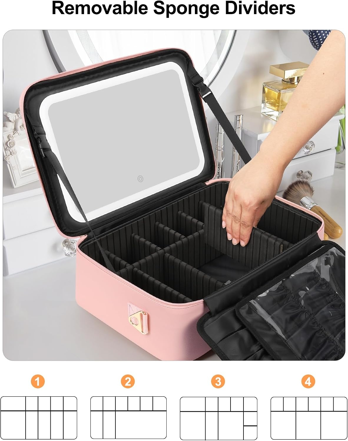 image:imageRelavel Travel Makeup Bag With LED Mirror 162 Large Makeup Train Case 3 Color Scenarios Adjustable Brightness Waterproof Makeup Train Case Organizer with DIY Dividers for Makeup Artist Black01Pink
