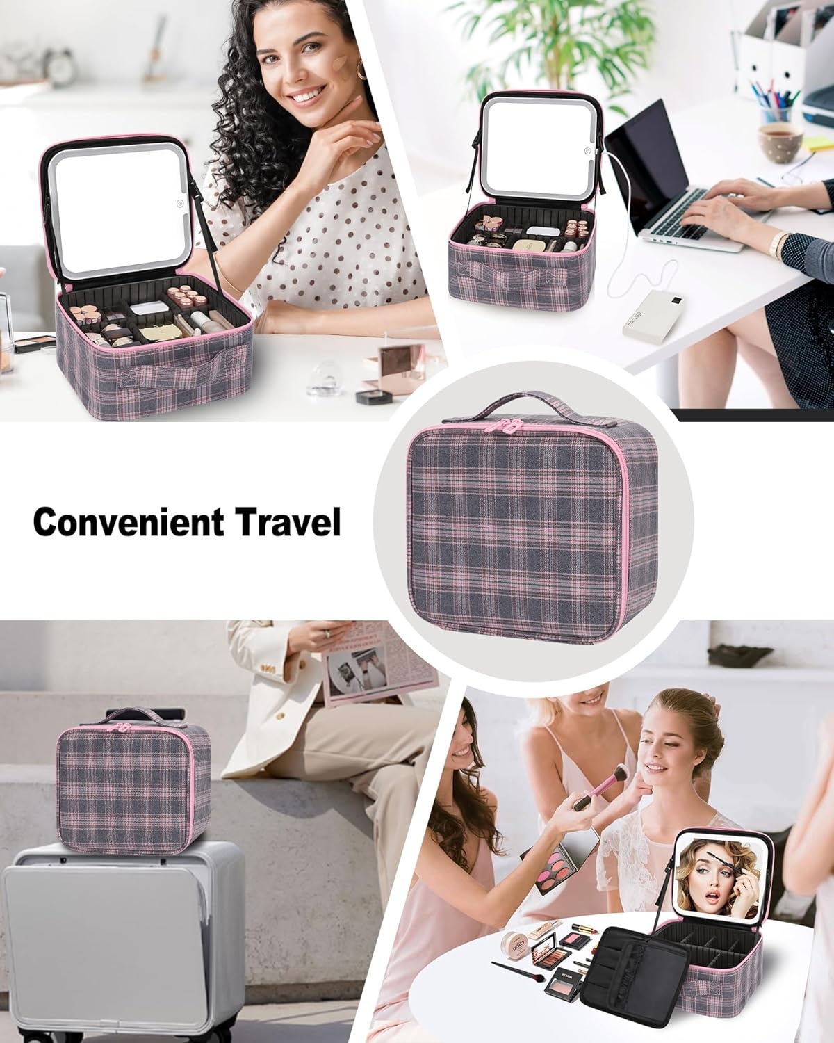 image:imageRelavel Travel Makeup Bag With LED Mirror 162 Large Makeup Train Case 3 Color Scenarios Adjustable Brightness Waterproof Makeup Train Case Organizer with DIY Dividers for Makeup Artist Black03Grey Strip