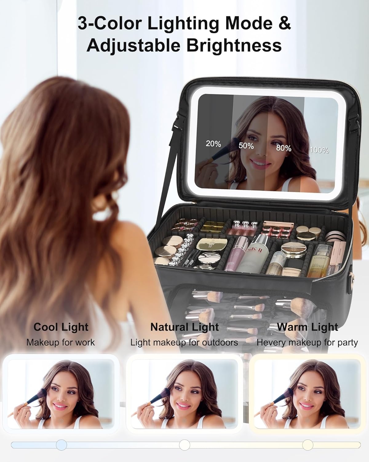 image:imageRelavel Travel Makeup Bag With LED Mirror 162 Large Makeup Train Case 3 Color Scenarios Adjustable Brightness Waterproof Makeup Train Case Organizer with DIY Dividers for Makeup Artist Black01Black