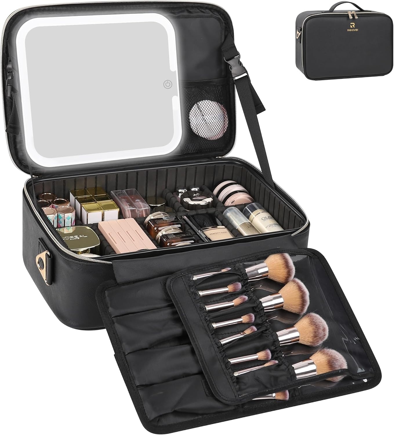 image:imageRelavel Travel Makeup Bag With LED Mirror 162 Large Makeup Train Case 3 Color Scenarios Adjustable Brightness Waterproof Makeup Train Case Organizer with DIY Dividers for Makeup Artist Black01Black