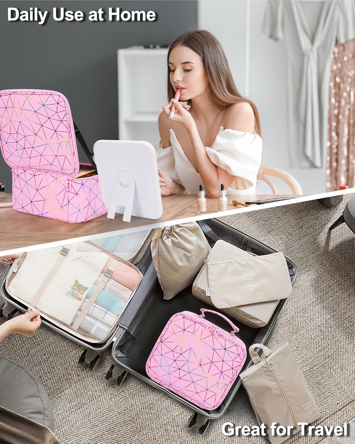 image:imageRelavel Travel Makeup Bag With LED Mirror 162 Large Makeup Train Case 3 Color Scenarios Adjustable Brightness Waterproof Makeup Train Case Organizer with DIY Dividers for Makeup Artist Black03PU Pink