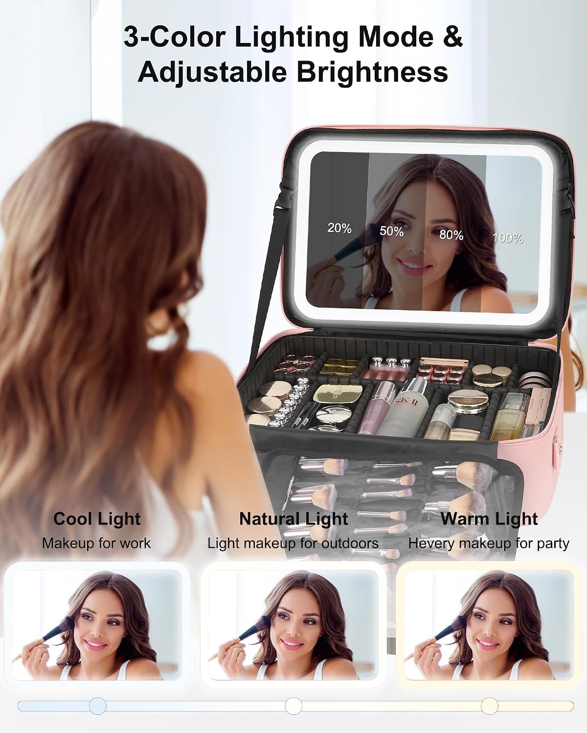 image:imageRelavel Travel Makeup Bag With LED Mirror 162 Large Makeup Train Case 3 Color Scenarios Adjustable Brightness Waterproof Makeup Train Case Organizer with DIY Dividers for Makeup Artist Black01Pink