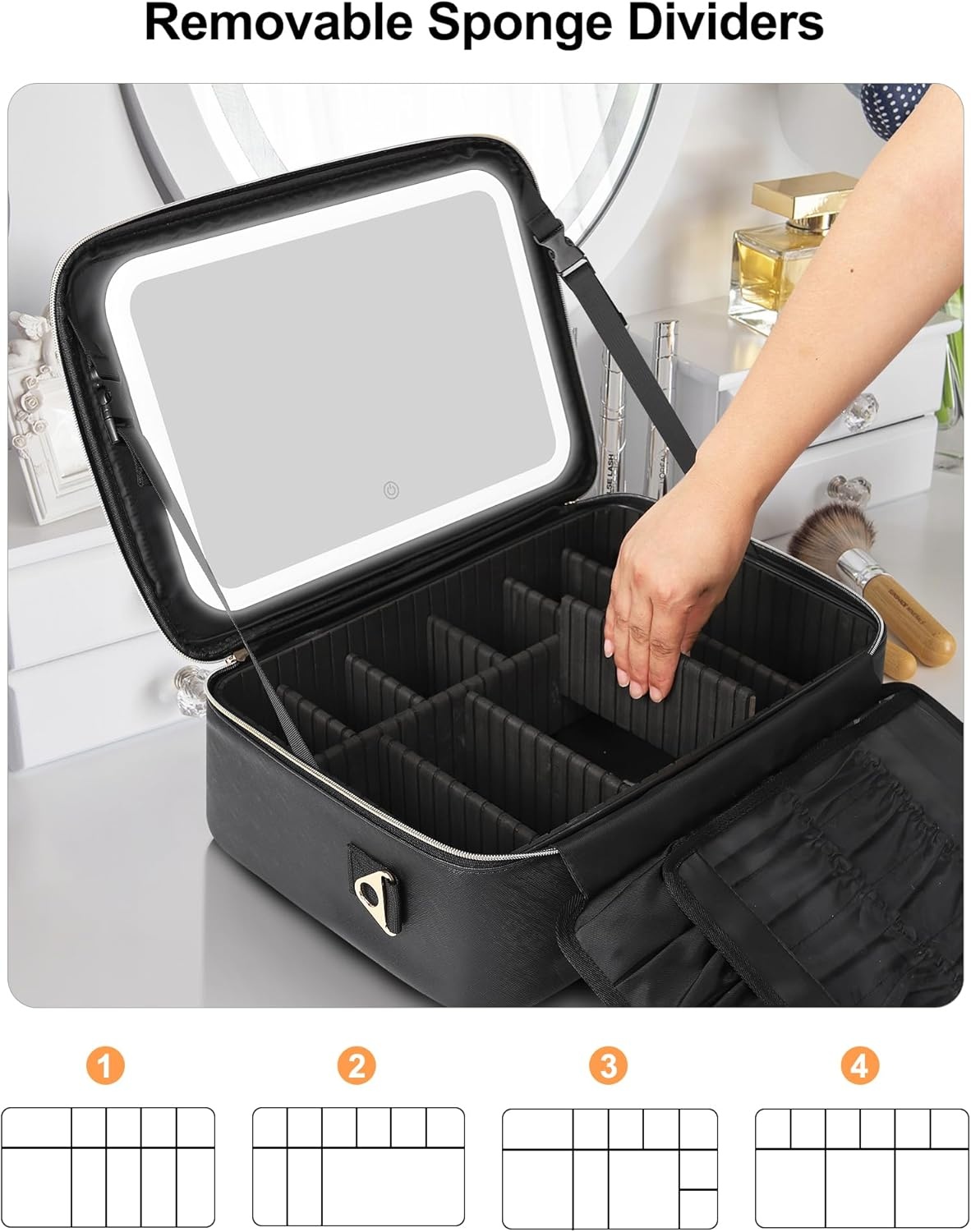 image:imageRelavel Travel Makeup Bag With LED Mirror 162 Large Makeup Train Case 3 Color Scenarios Adjustable Brightness Waterproof Makeup Train Case Organizer with DIY Dividers for Makeup Artist Black01Black