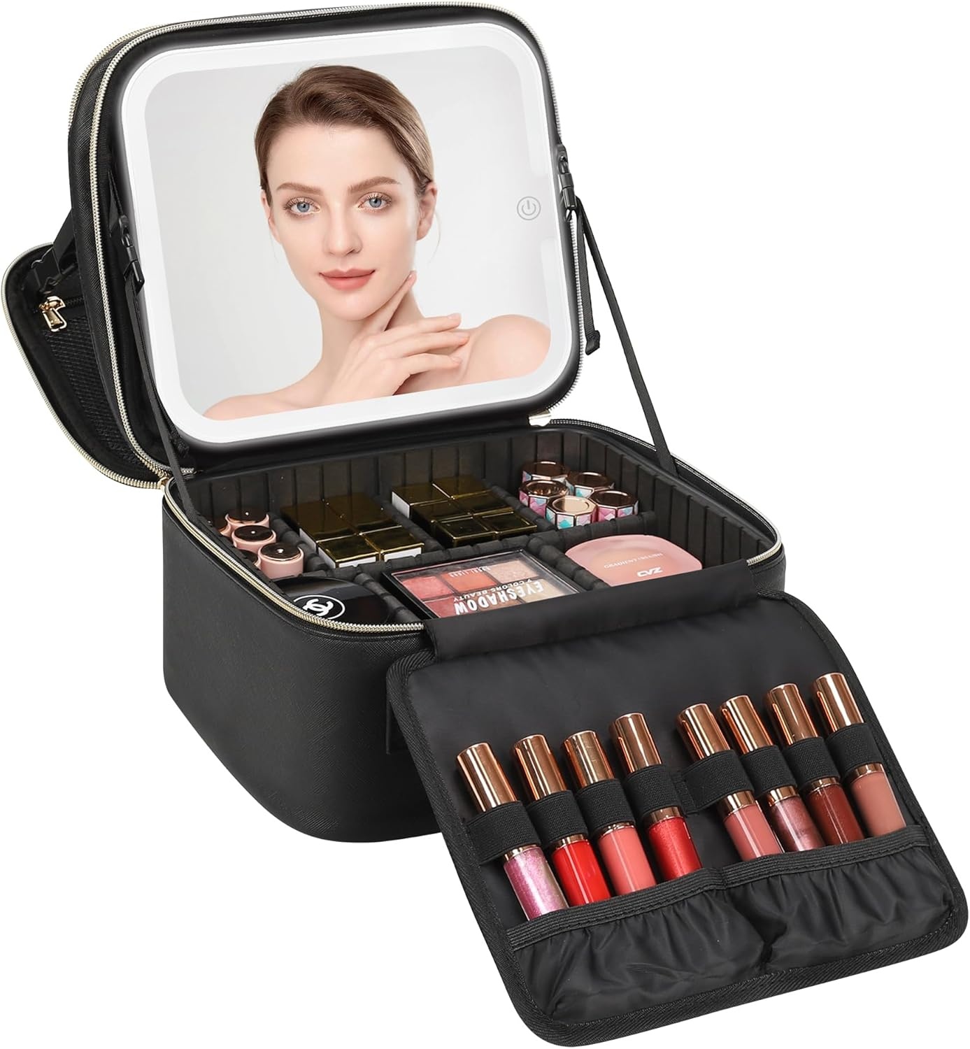 image:imageRelavel Travel Makeup Bag With LED Mirror 162 Large Makeup Train Case 3 Color Scenarios Adjustable Brightness Waterproof Makeup Train Case Organizer with DIY Dividers for Makeup Artist Black01Black