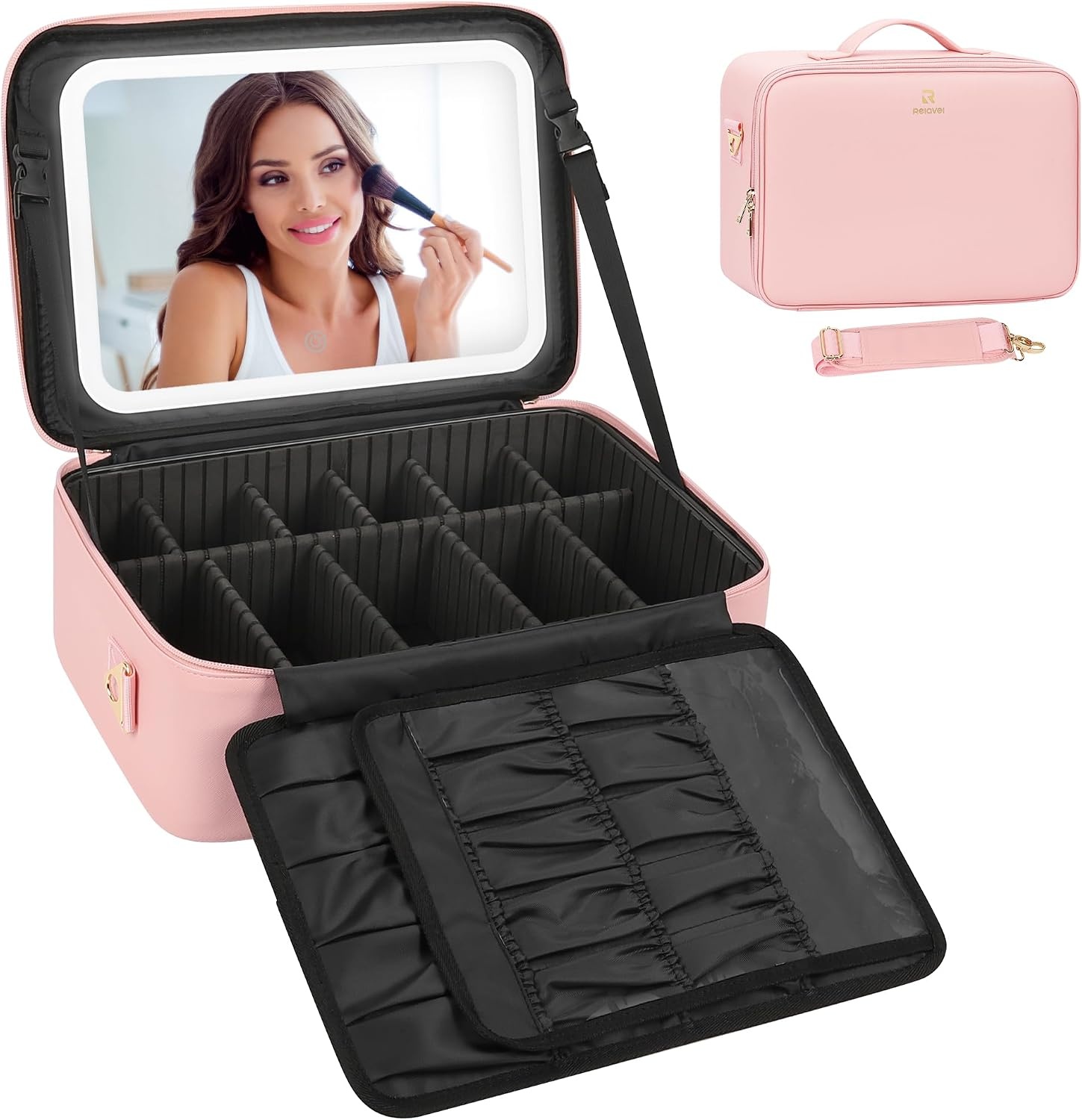 image:imageRelavel Travel Makeup Bag With LED Mirror 162 Large Makeup Train Case 3 Color Scenarios Adjustable Brightness Waterproof Makeup Train Case Organizer with DIY Dividers for Makeup Artist Black01Pink