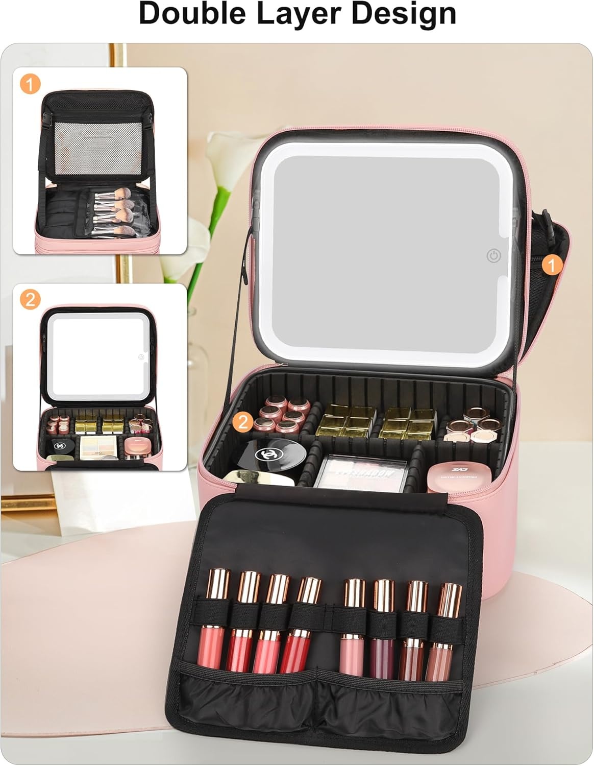 image:imageRelavel Travel Makeup Bag With LED Mirror 162 Large Makeup Train Case 3 Color Scenarios Adjustable Brightness Waterproof Makeup Train Case Organizer with DIY Dividers for Makeup Artist Black01Pink