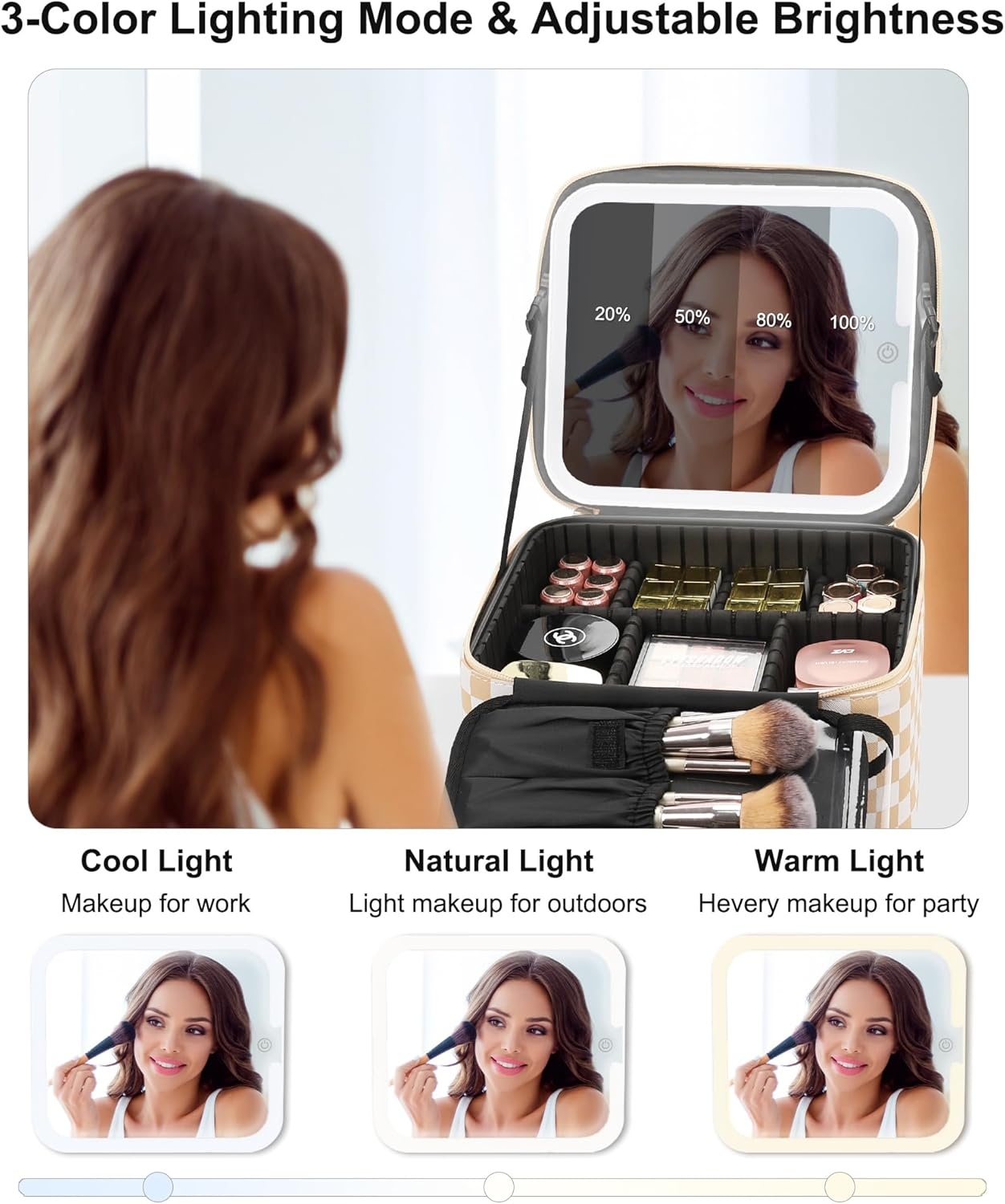 image:imageRelavel Travel Makeup Bag With LED Mirror 162 Large Makeup Train Case 3 Color Scenarios Adjustable Brightness Waterproof Makeup Train Case Organizer with DIY Dividers for Makeup Artist Black01Plaid