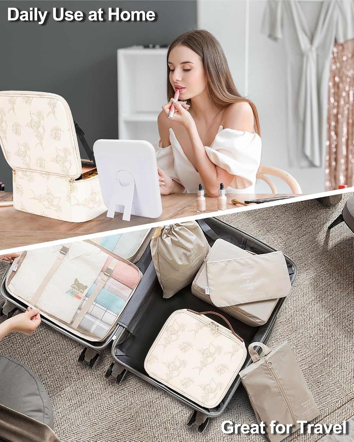 image:imageRelavel Travel Makeup Bag With LED Mirror 162 Large Makeup Train Case 3 Color Scenarios Adjustable Brightness Waterproof Makeup Train Case Organizer with DIY Dividers for Makeup Artist Black03Lily Flower