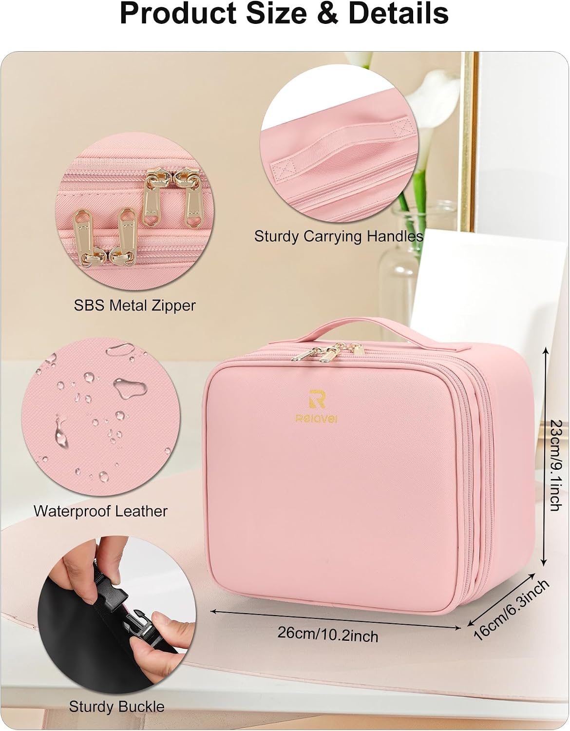 image:imageRelavel Travel Makeup Bag With LED Mirror 162 Large Makeup Train Case 3 Color Scenarios Adjustable Brightness Waterproof Makeup Train Case Organizer with DIY Dividers for Makeup Artist Black01Pink