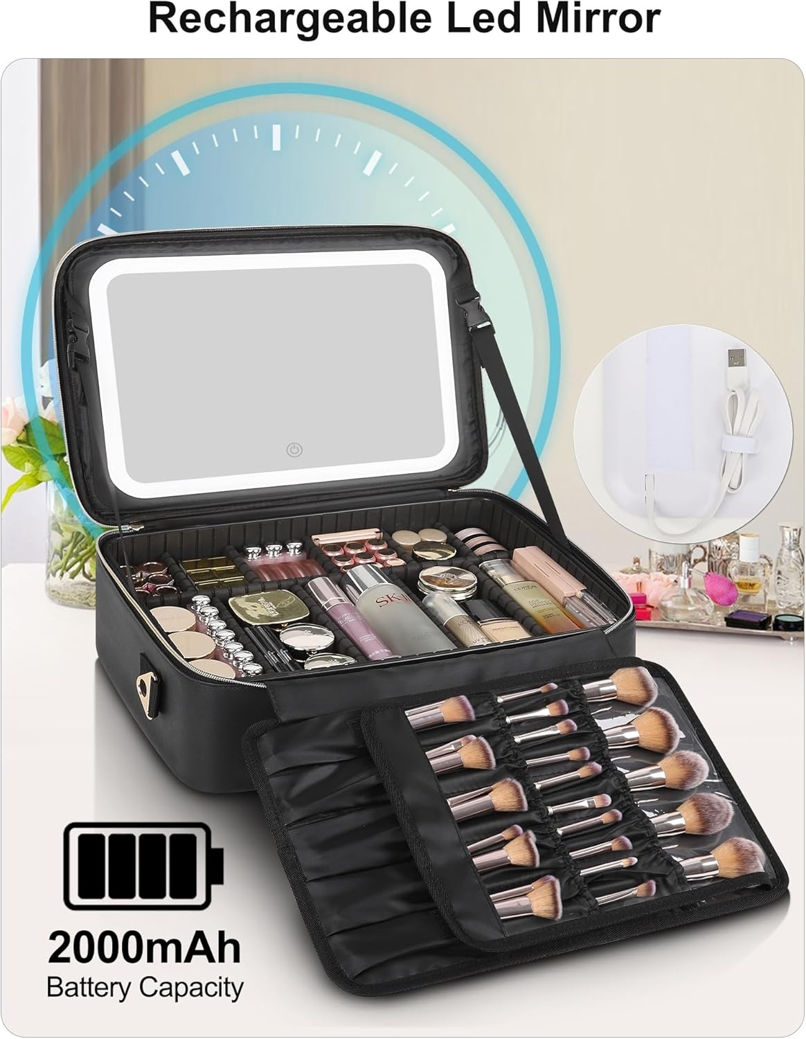 image:imageRelavel Travel Makeup Bag With LED Mirror 162 Large Makeup Train Case 3 Color Scenarios Adjustable Brightness Waterproof Makeup Train Case Organizer with DIY Dividers for Makeup Artist Black01Black
