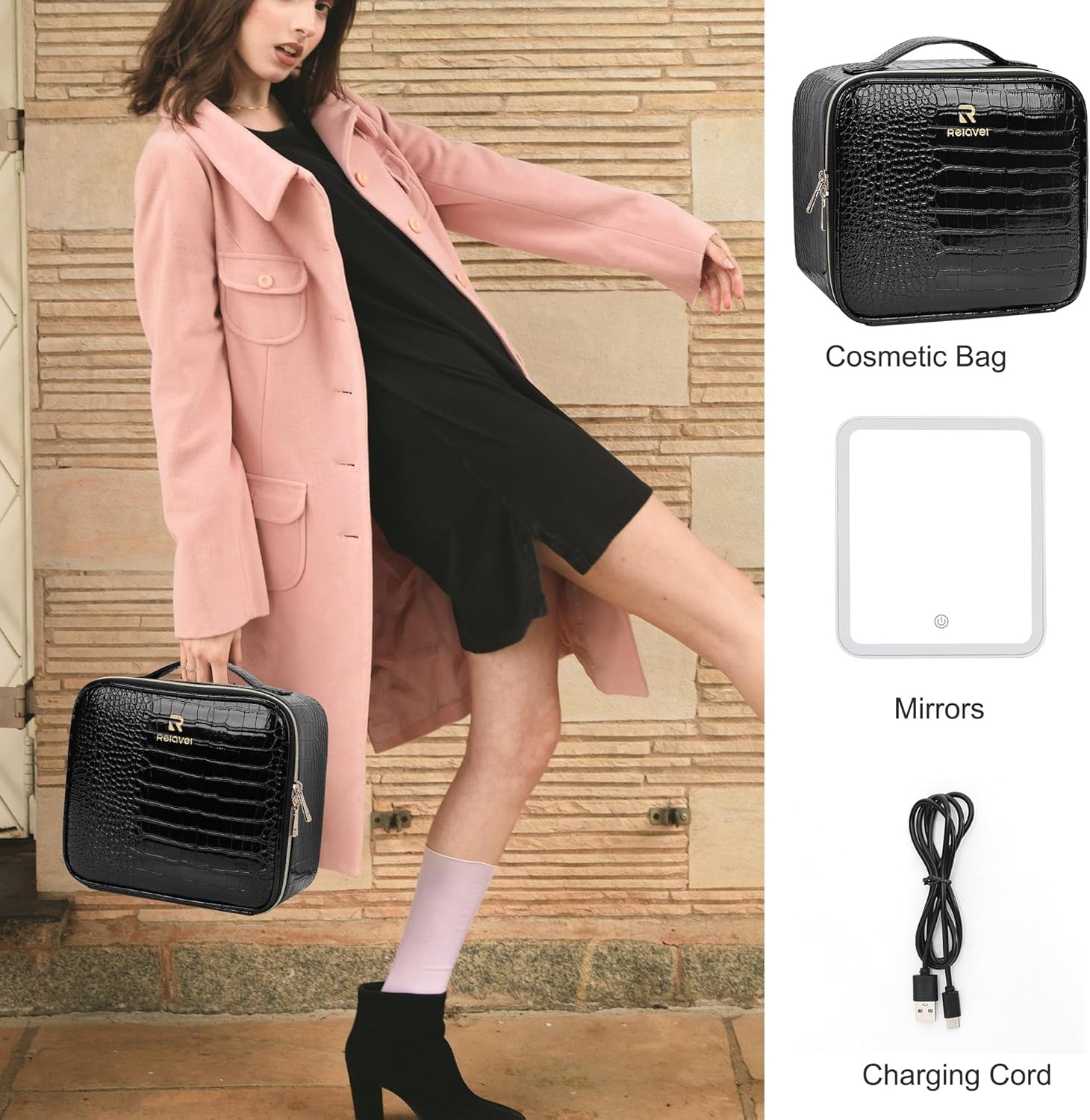 image:imageRelavel Travel Makeup Bag With LED Mirror 162 Large Makeup Train Case 3 Color Scenarios Adjustable Brightness Waterproof Makeup Train Case Organizer with DIY Dividers for Makeup Artist Black02Glossy Black