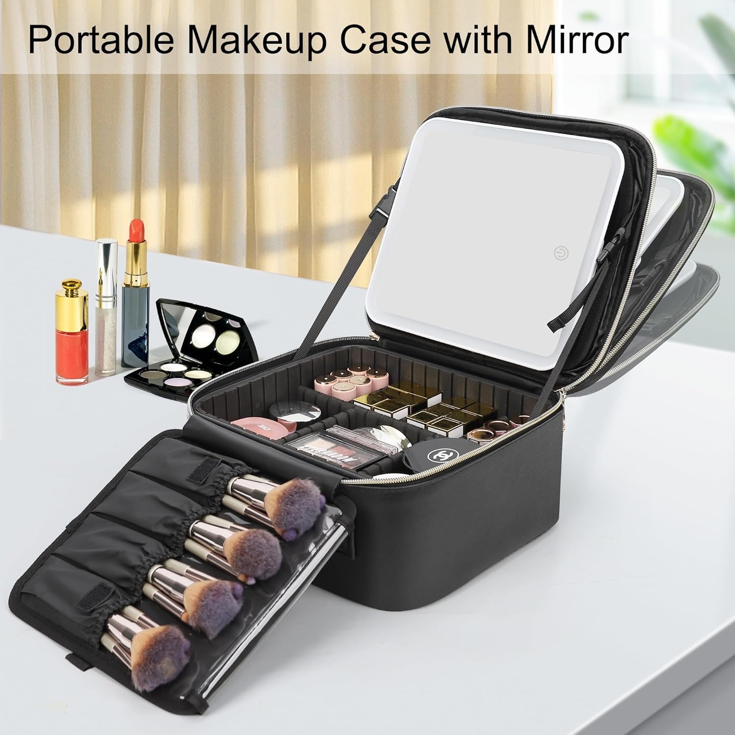 image:imageRelavel Travel Makeup Bag With LED Mirror 162 Large Makeup Train Case 3 Color Scenarios Adjustable Brightness Waterproof Makeup Train Case Organizer with DIY Dividers for Makeup Artist Black01Black